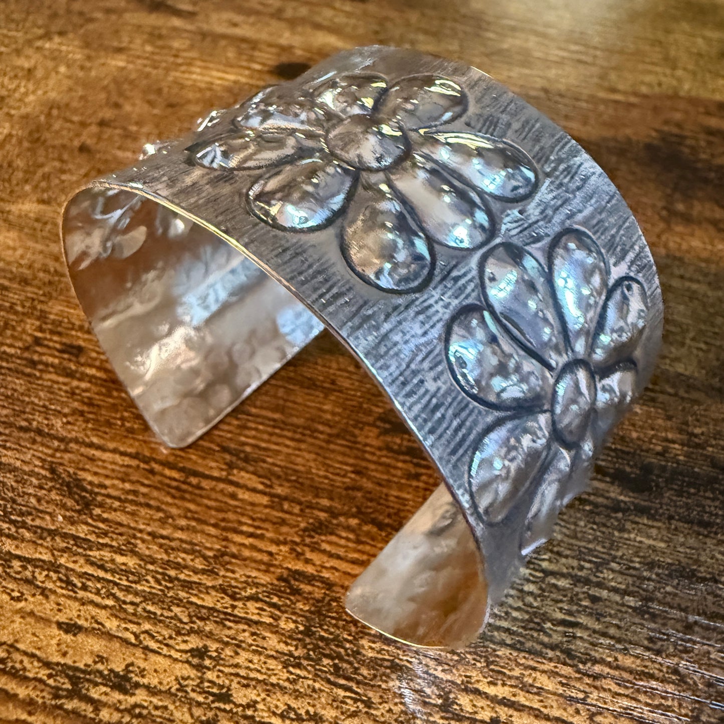 Southwest Flower Cuff Silver Bracelet Boho Wide Embossed Design Wild West Boho