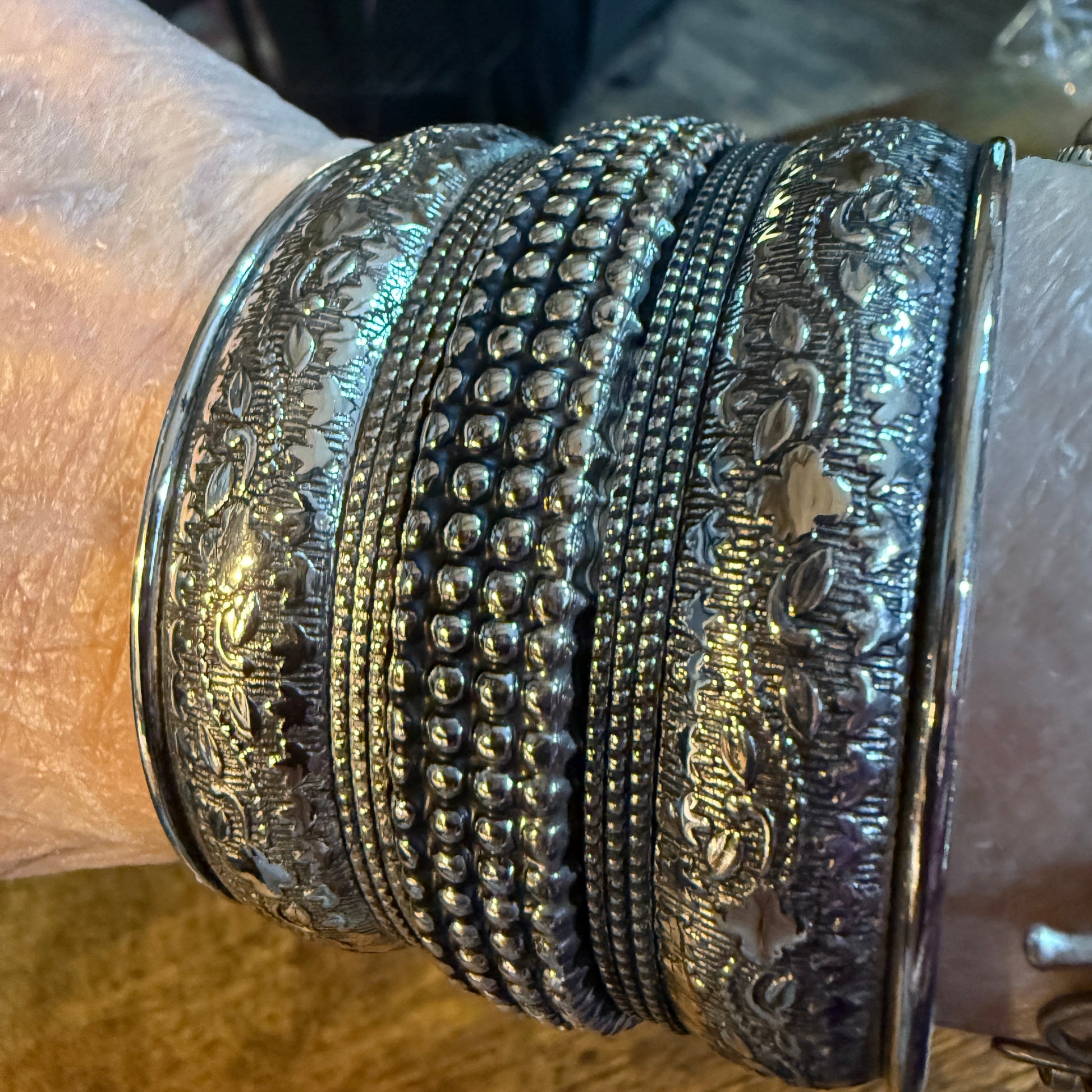 Handmade Silver Embossed Floral Cuff Bracelet Boho Gypsy Style Wild West Boho