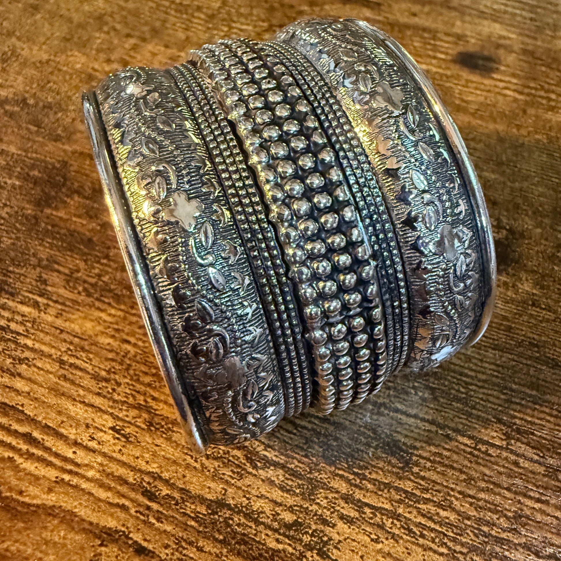 Handmade Silver Embossed Floral Cuff Bracelet Boho Gypsy Style Wild West Boho