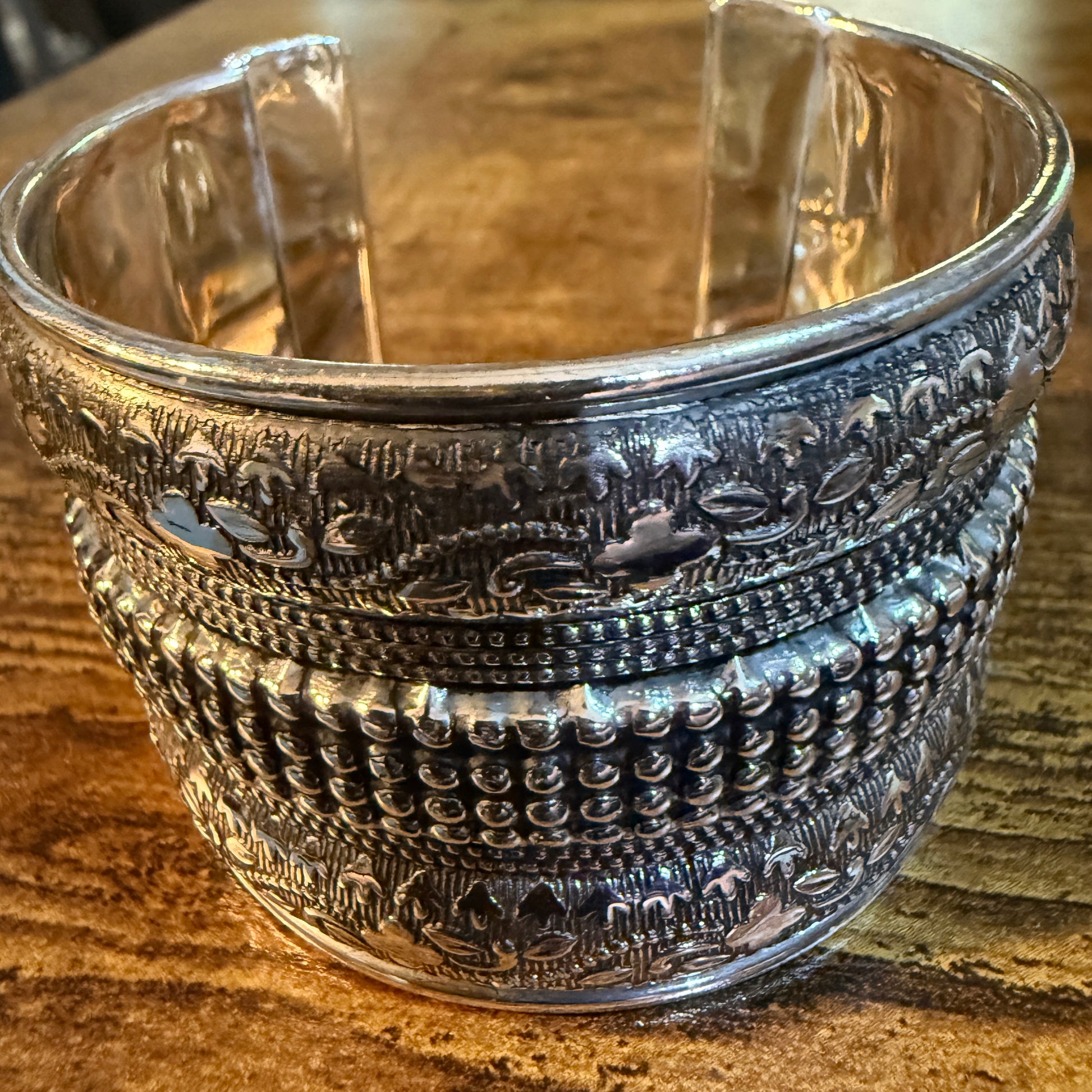 Handmade Silver Embossed Floral Cuff Bracelet Boho Gypsy Style Wild West Boho