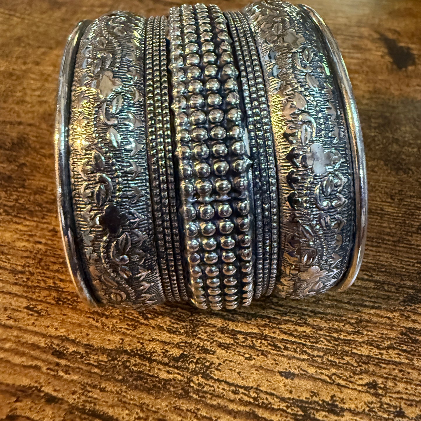 Handmade Silver Embossed Floral Cuff Bracelet Boho Gypsy Style Wild West Boho