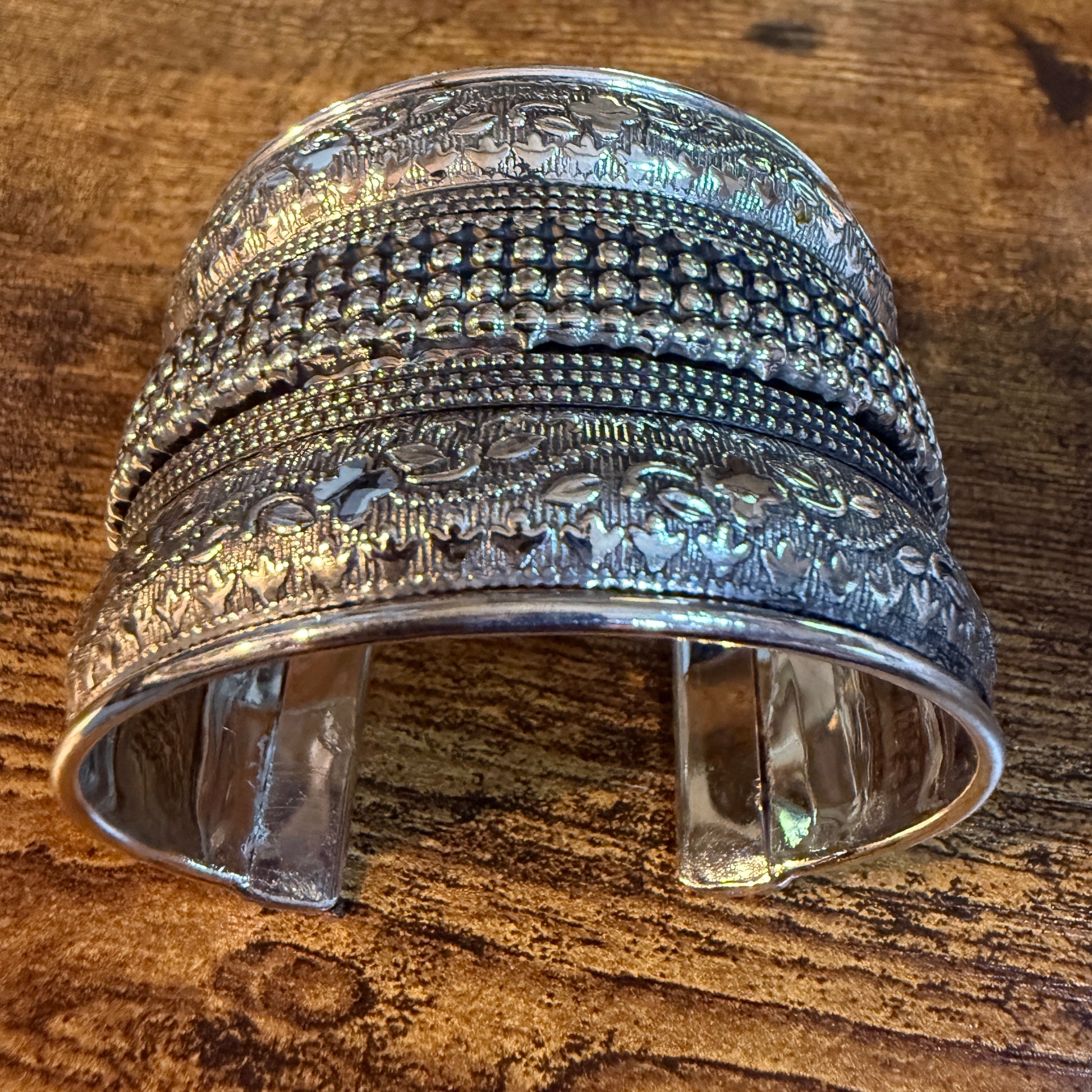Handmade Silver Embossed Floral Cuff Bracelet Boho Gypsy Style Wild West Boho