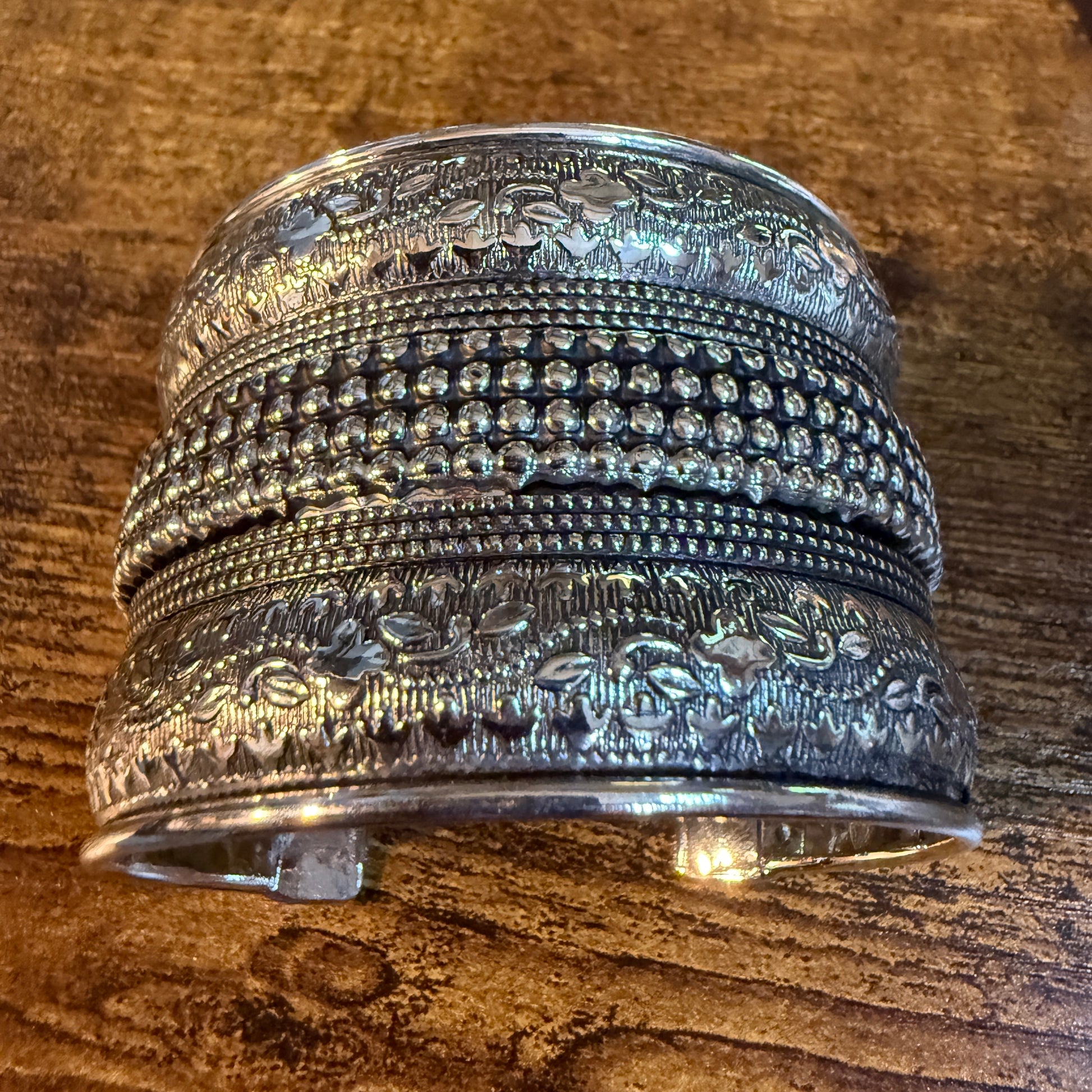 Handmade Silver Embossed Floral Cuff Bracelet Boho Gypsy Style Wild West Boho