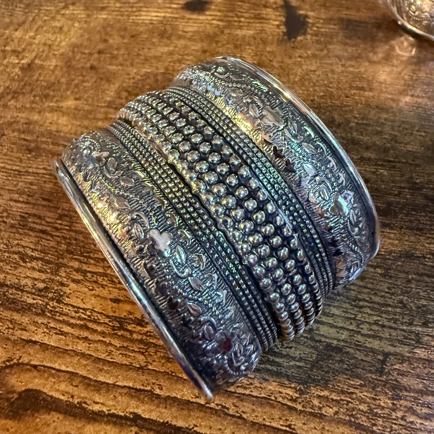 Handmade Silver Embossed Floral Cuff Bracelet Boho Gypsy Style Wild West Boho