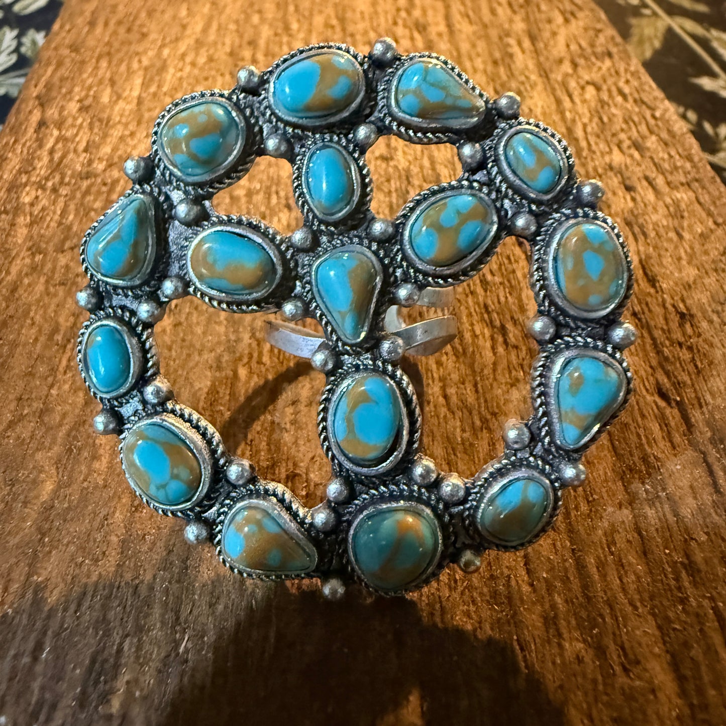 Hippie Peace Ring Faux Turquoise Peace Sign Ring With Silver Metal Wild West Boho