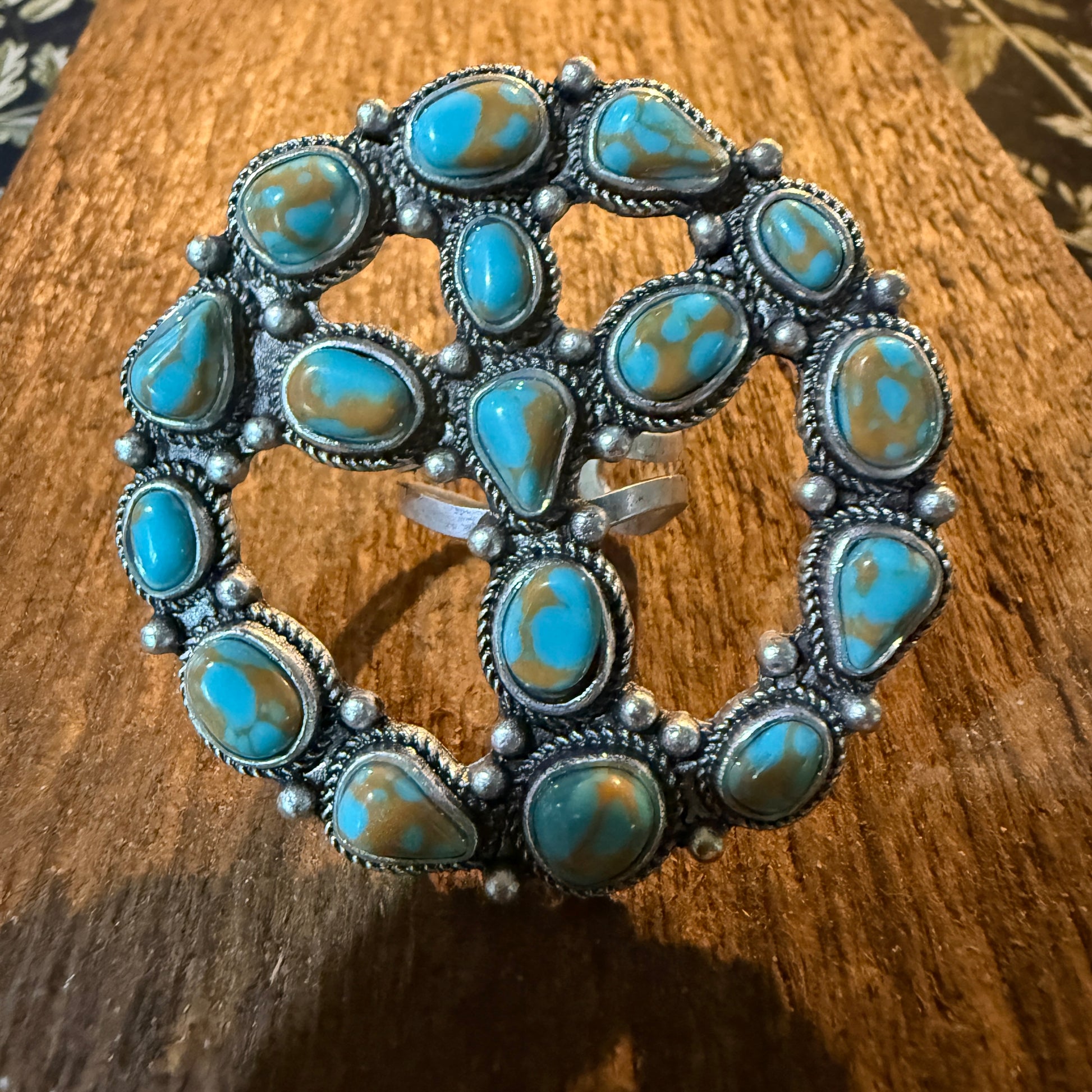 Hippie Peace Ring Faux Turquoise Peace Sign Ring With Silver Metal Wild West Boho