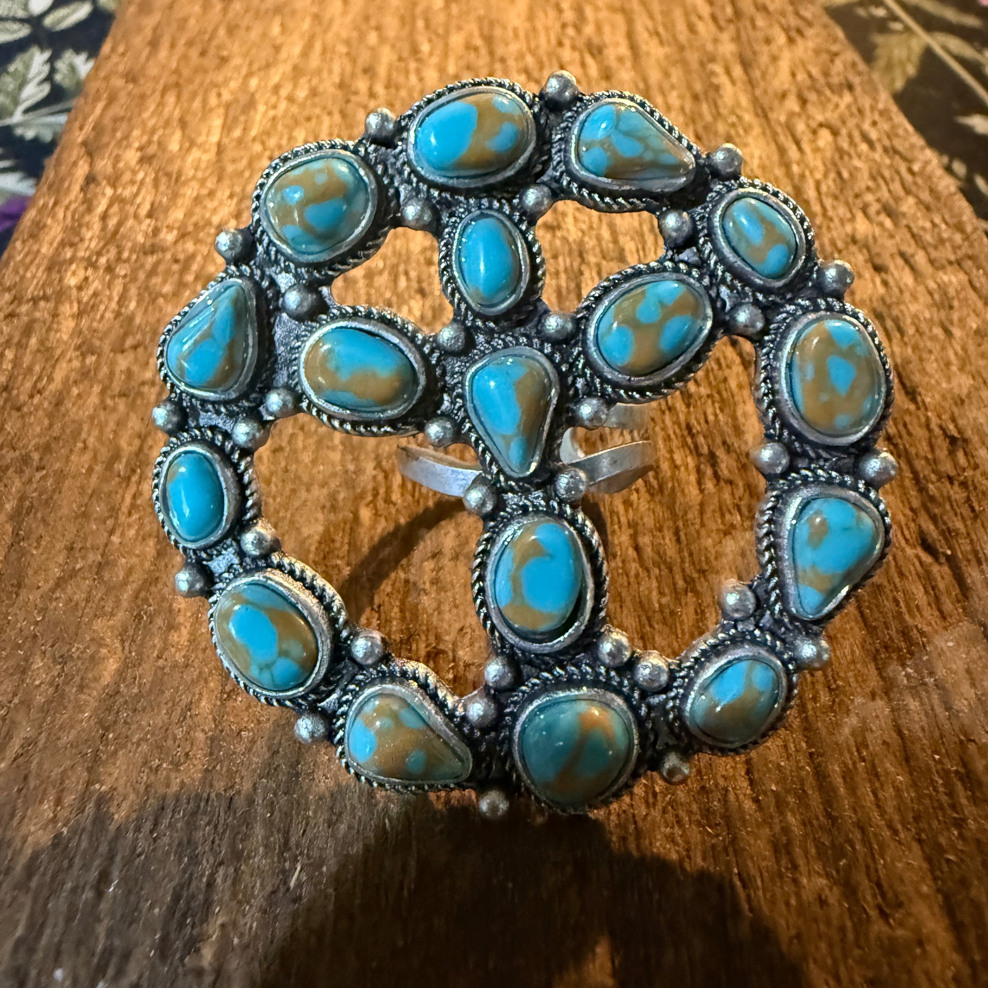 Hippie Peace Ring Faux Turquoise Peace Sign Ring With Silver Metal Wild West Boho