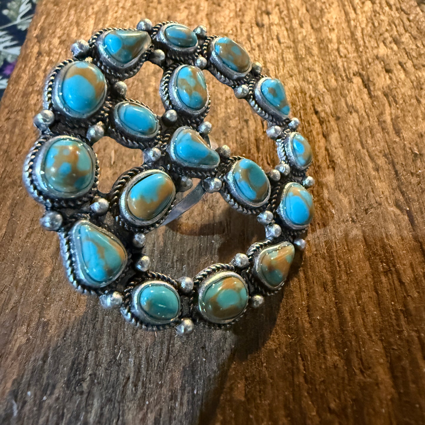 Hippie Peace Ring Faux Turquoise Peace Sign Ring With Silver Metal Wild West Boho