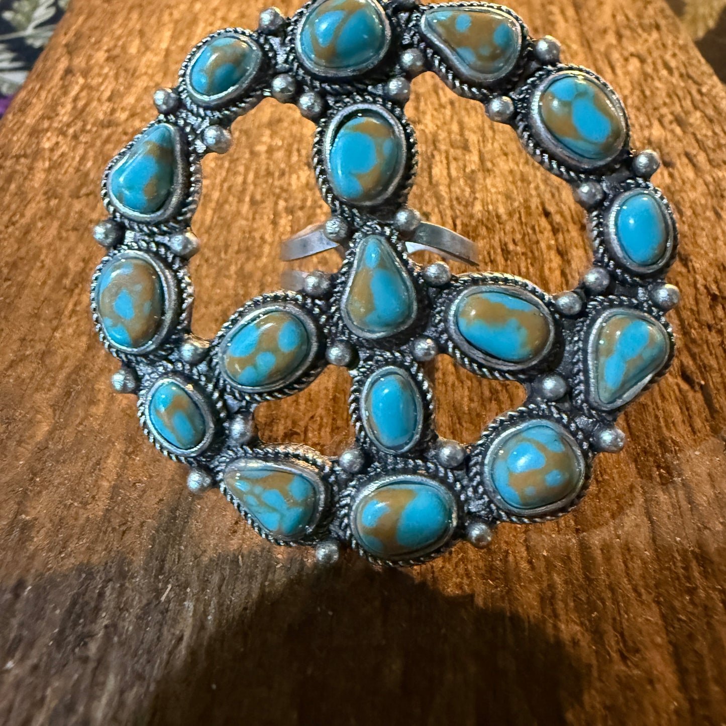 Hippie Peace Ring Faux Turquoise Peace Sign Ring With Silver Metal Wild West Boho