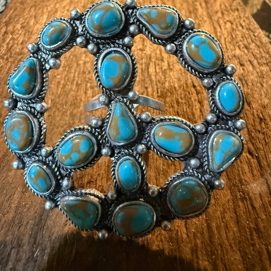 Hippie Peace Ring Faux Turquoise Peace Sign Ring With Silver Metal Wild West Boho