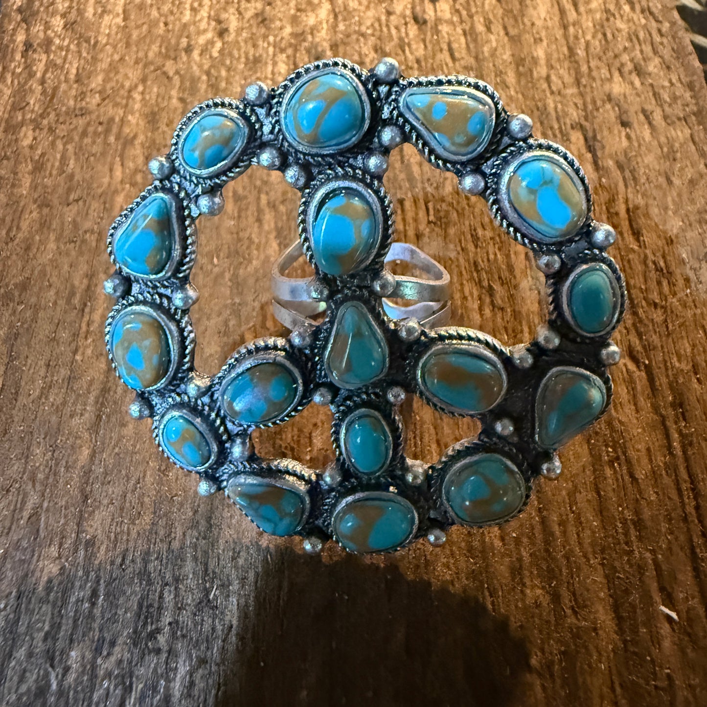 Hippie Peace Ring Faux Turquoise Peace Sign Ring With Silver Metal Wild West Boho