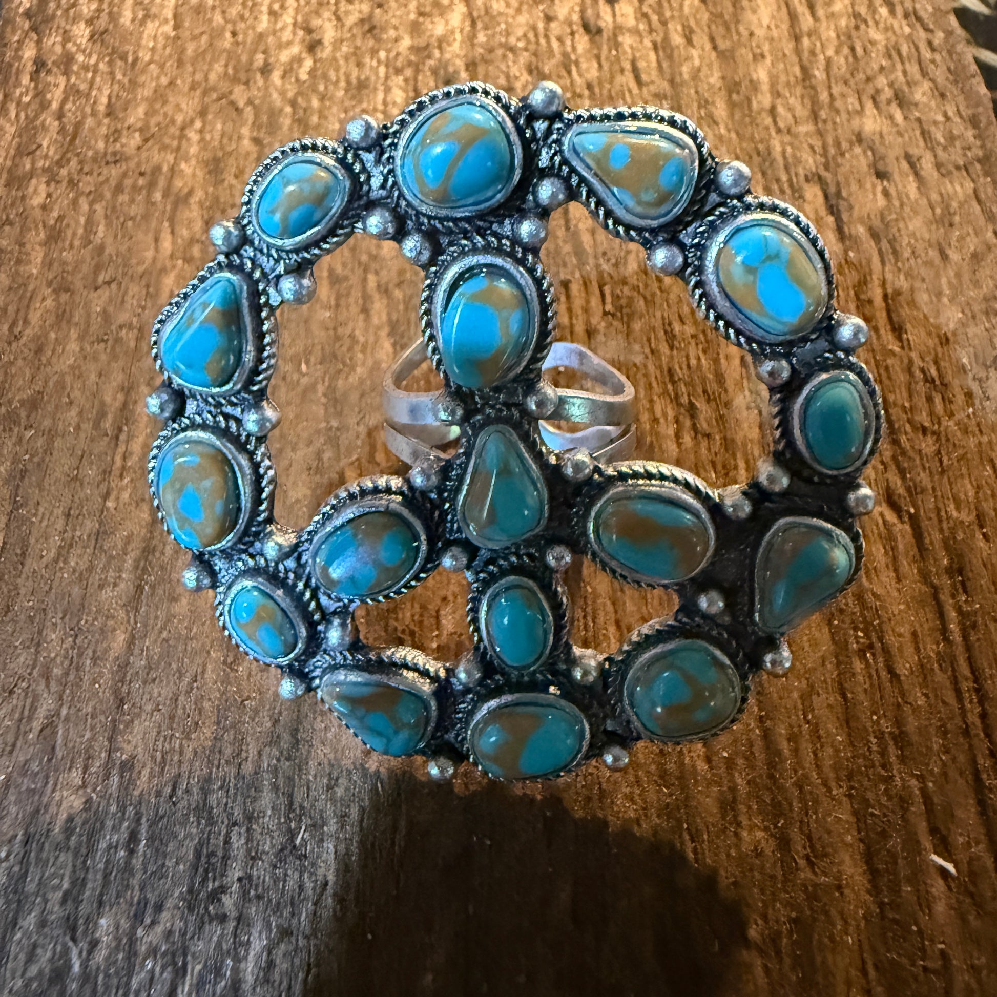 Hippie Peace Ring Faux Turquoise Peace Sign Ring With Silver Metal Wild West Boho