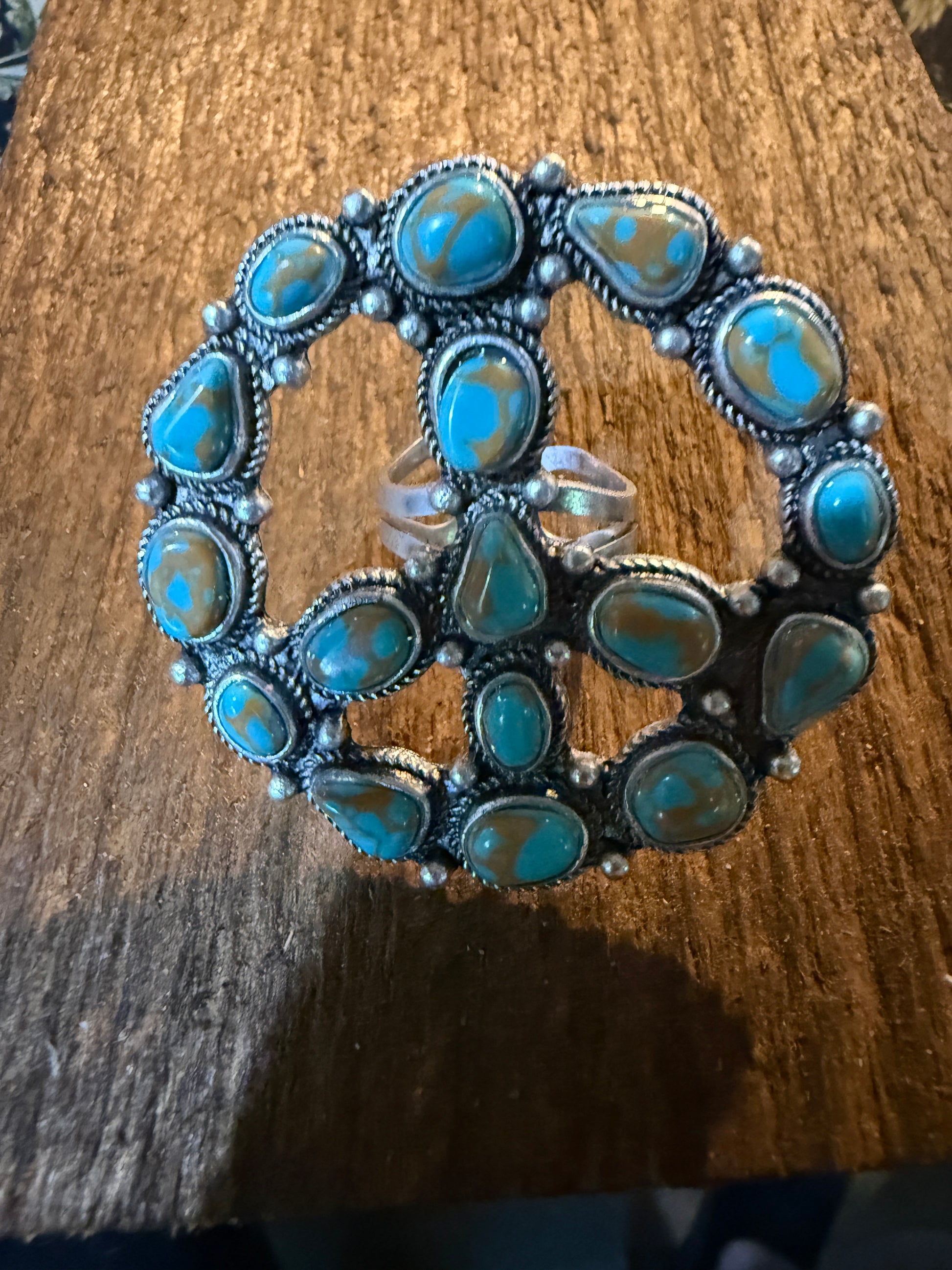 Hippie Peace Ring Faux Turquoise Peace Sign Ring With Silver Metal Wild West Boho