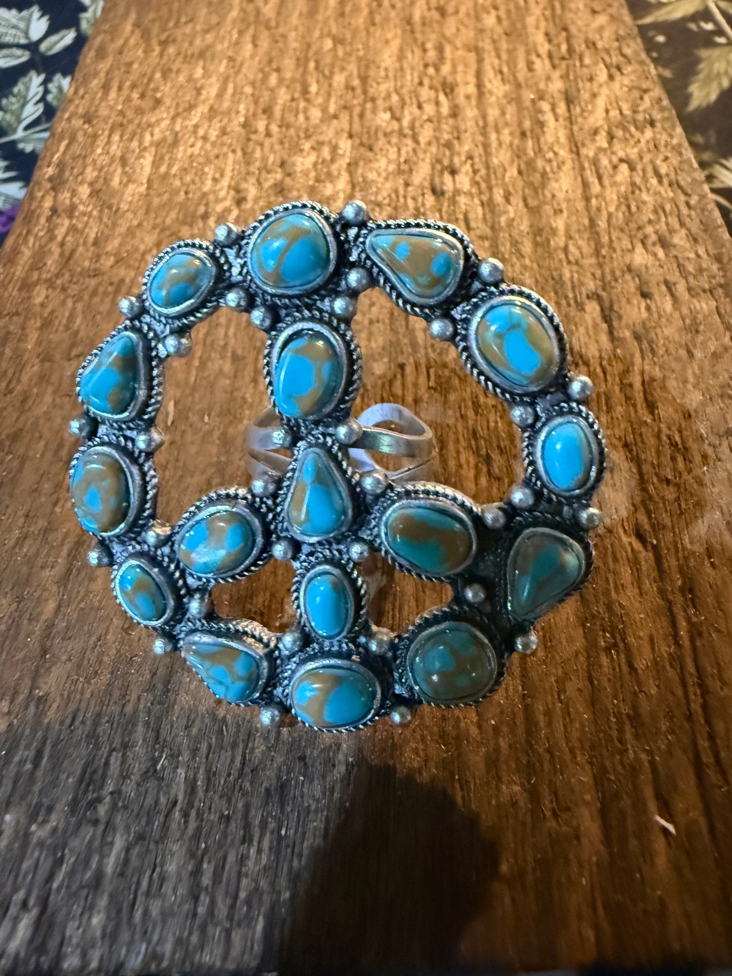 Hippie Peace Ring Faux Turquoise Peace Sign Ring With Silver Metal Wild West Boho