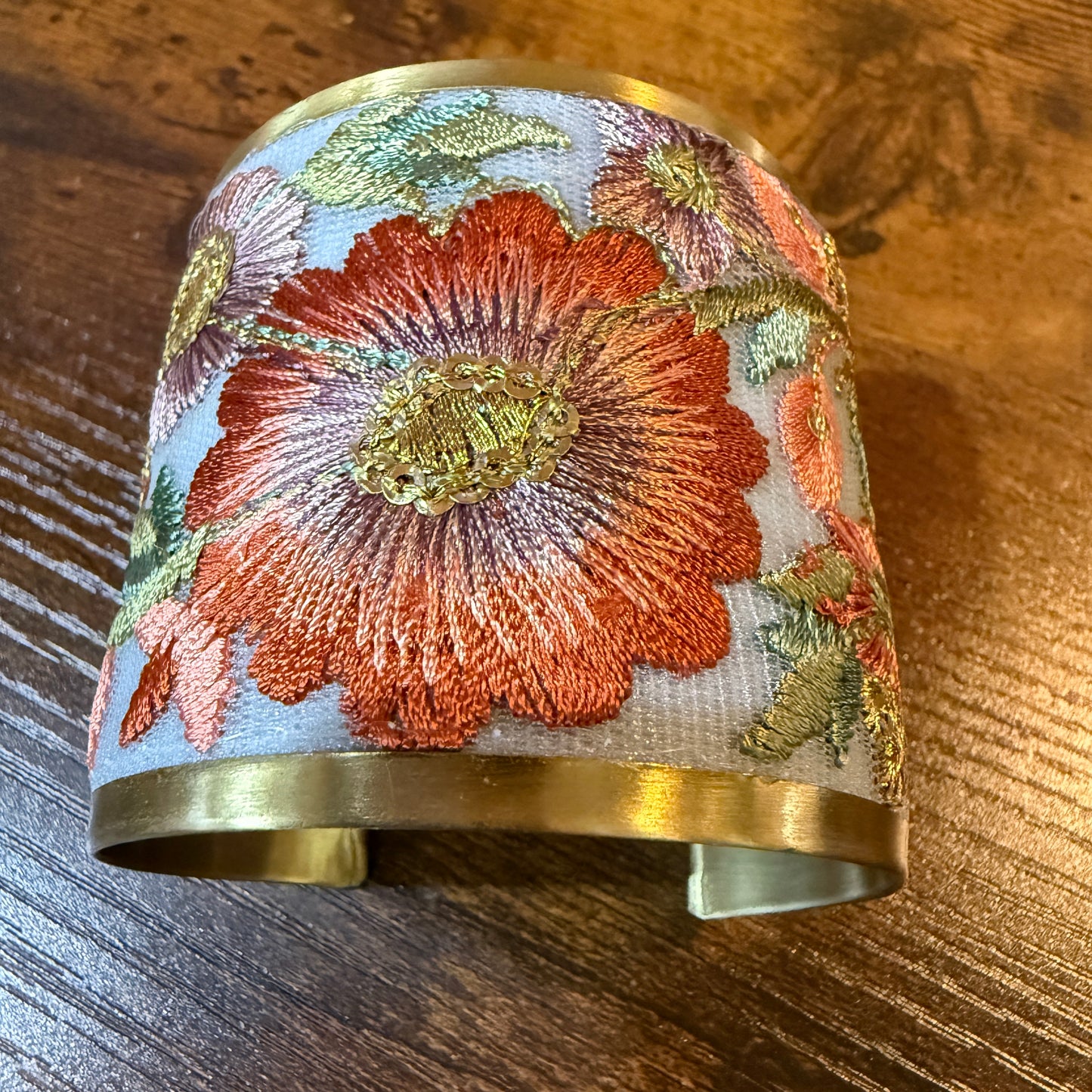 Autumn Bloom Handcrafted Embroidered Gold Cuff Flex Bracelet With Floral Embroidery Wild West Boho
