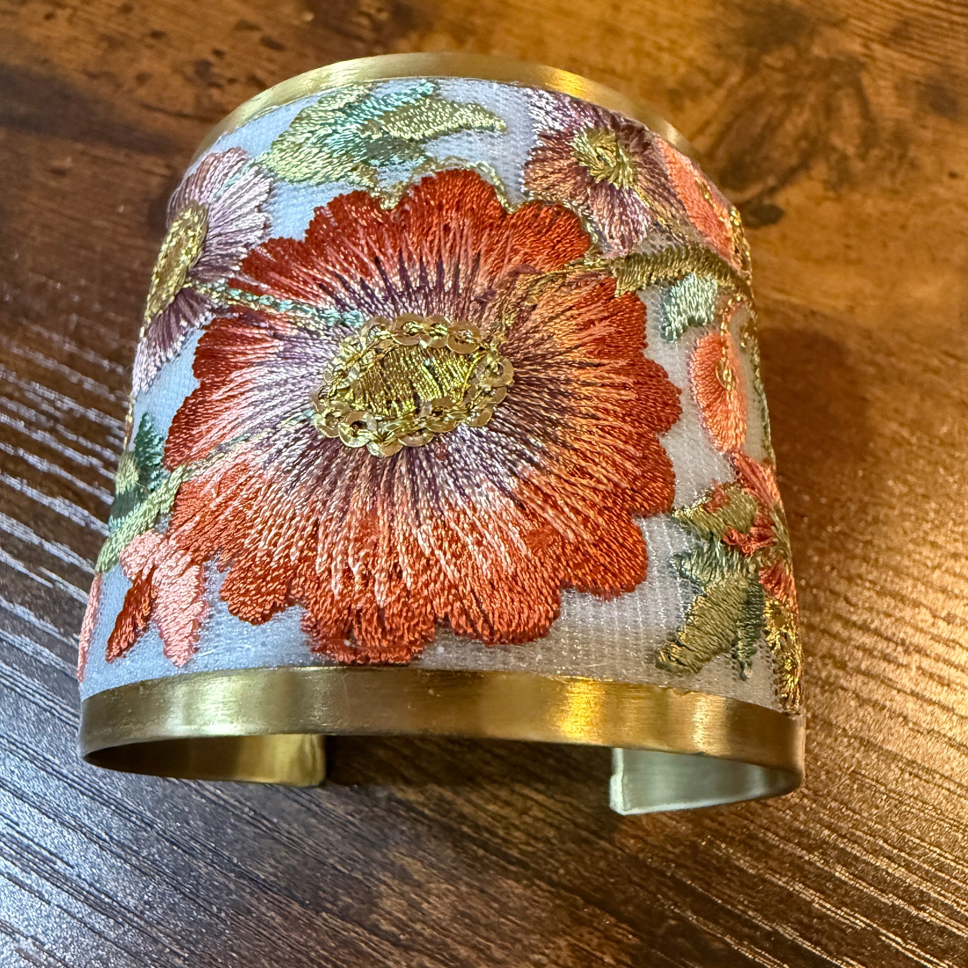 Autumn Bloom Handcrafted Embroidered Gold Cuff Flex Bracelet With Floral Embroidery Wild West Boho