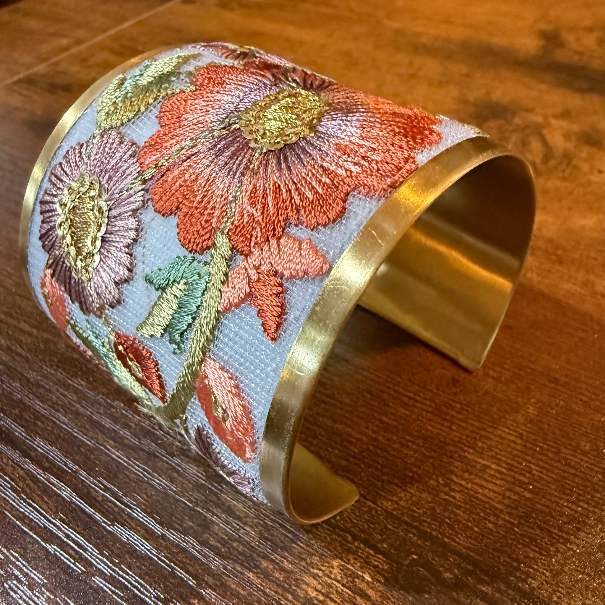 Autumn Bloom Handcrafted Embroidered Gold Cuff Flex Bracelet With Floral Embroidery Wild West Boho