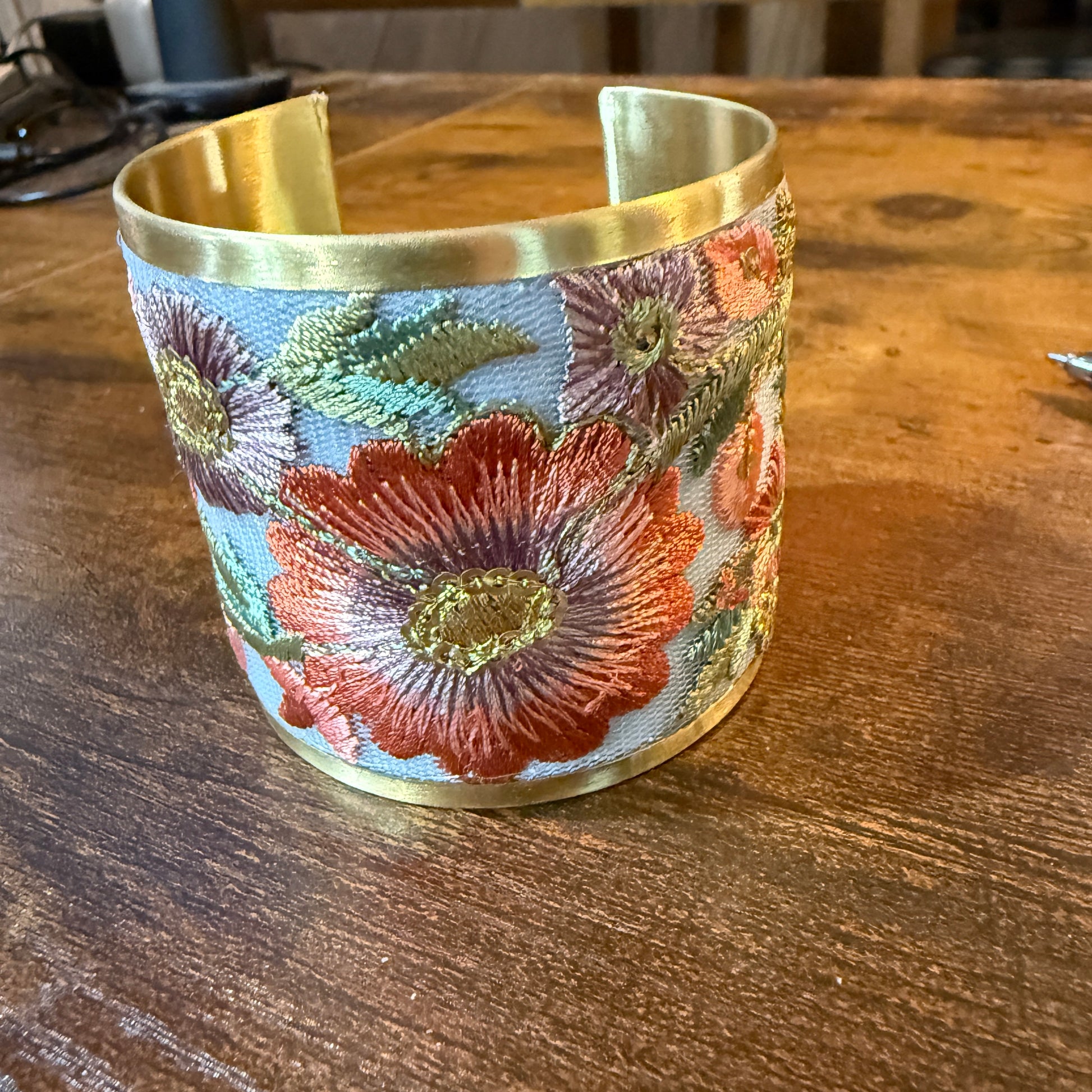 Autumn Bloom Handcrafted Embroidered Gold Cuff Flex Bracelet With Floral Embroidery Wild West Boho