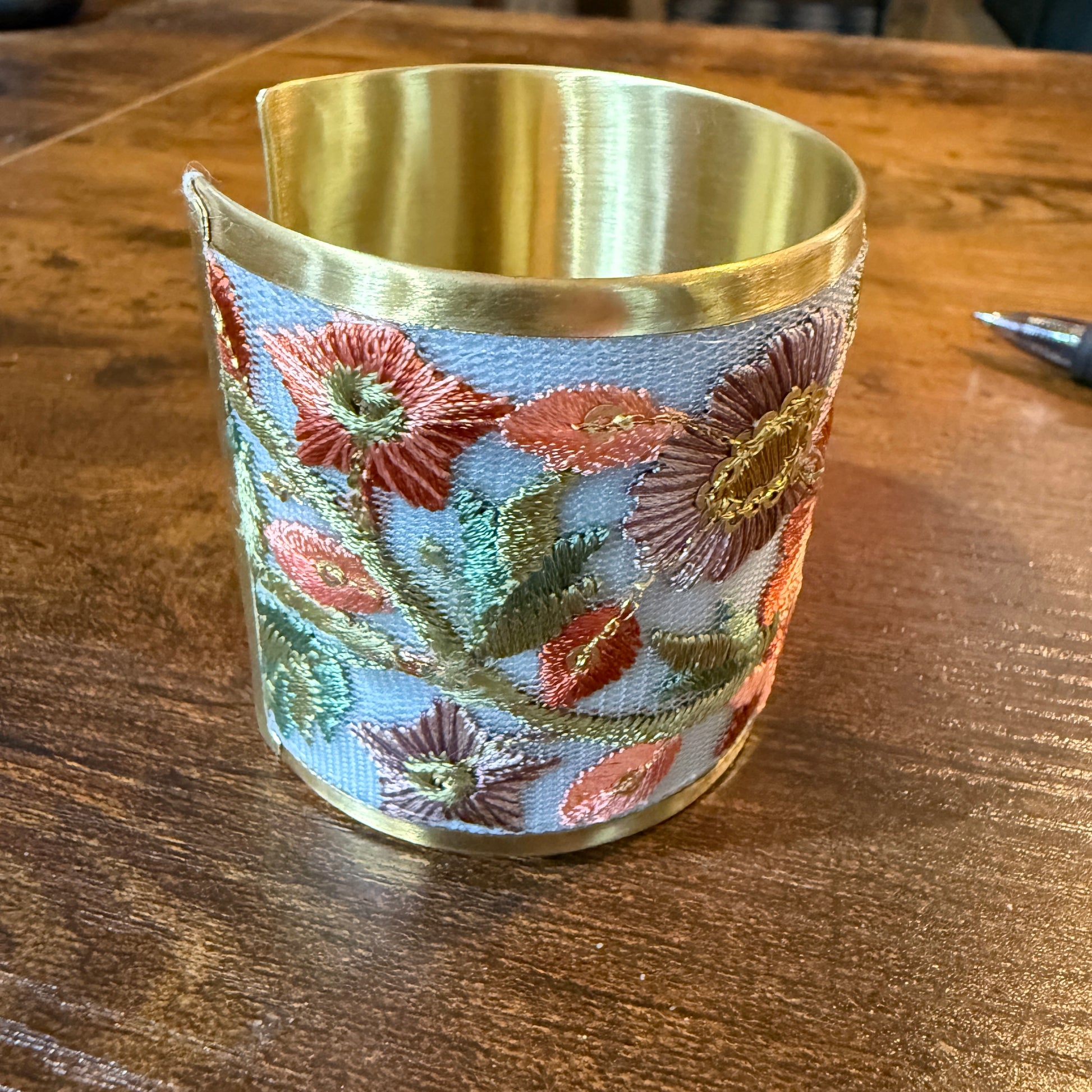 Autumn Bloom Handcrafted Embroidered Gold Cuff Flex Bracelet With Floral Embroidery Wild West Boho