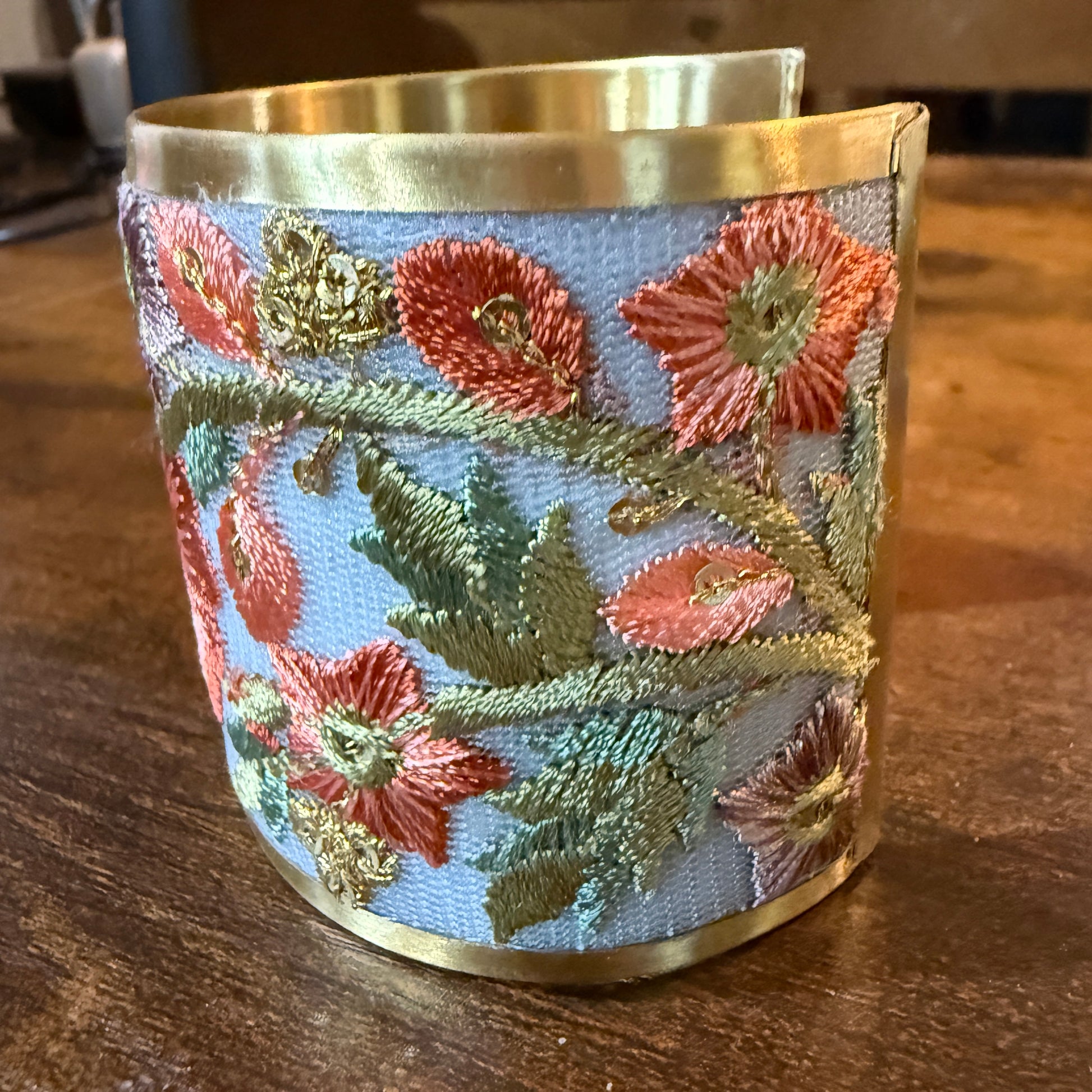 Autumn Bloom Handcrafted Embroidered Gold Cuff Flex Bracelet With Floral Embroidery Wild West Boho
