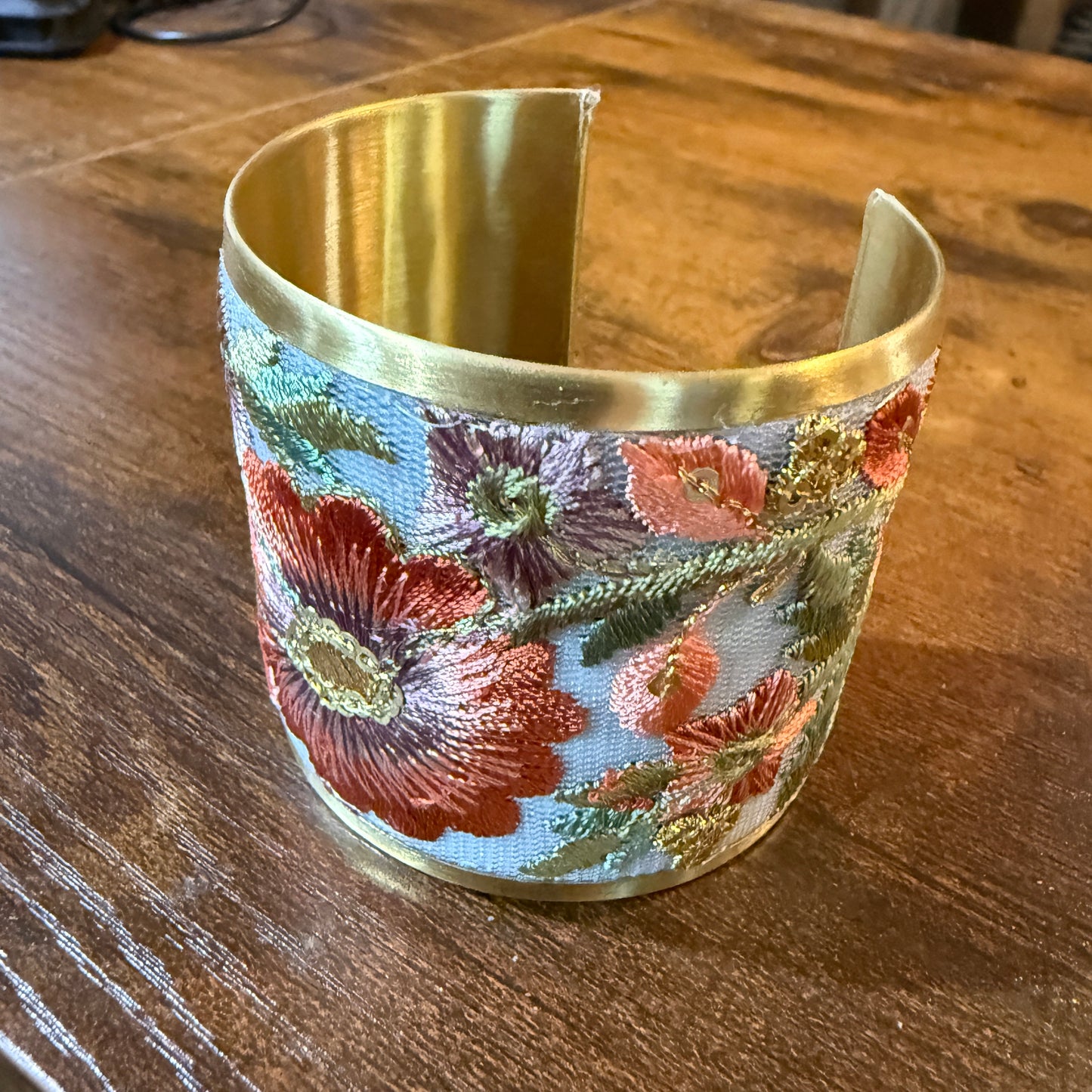 Autumn Bloom Handcrafted Embroidered Gold Cuff Flex Bracelet With Floral Embroidery Wild West Boho