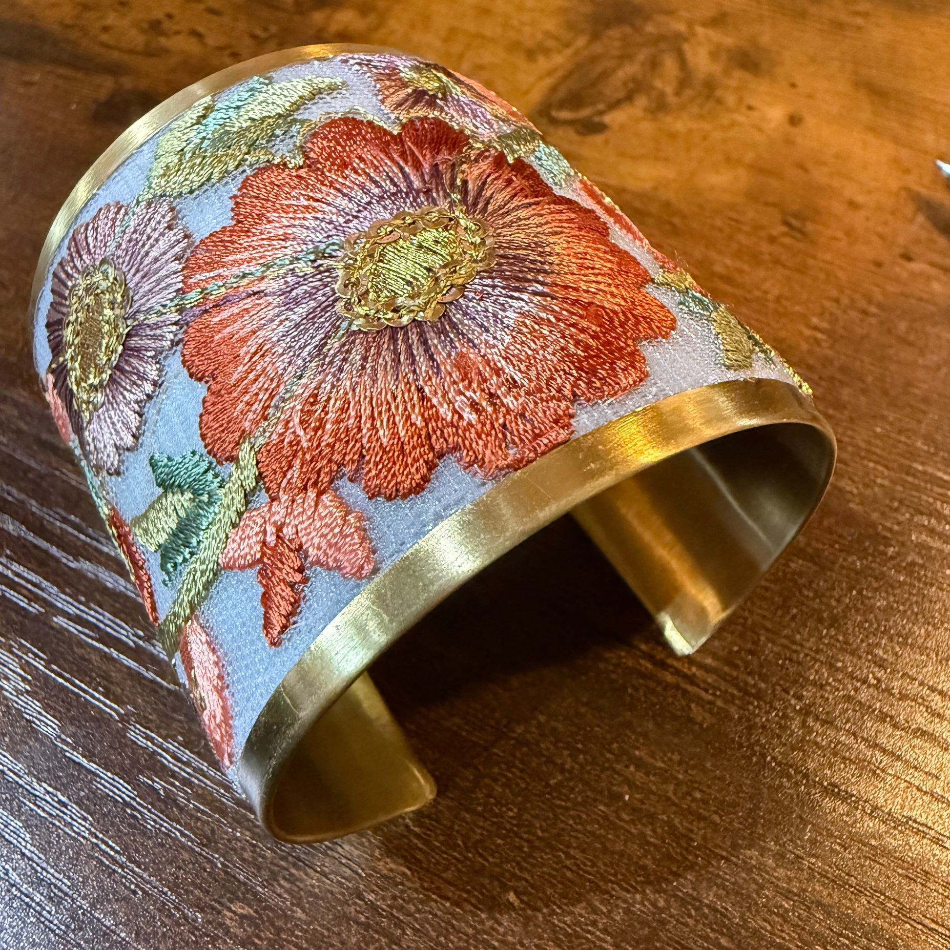 Autumn Bloom Handcrafted Embroidered Gold Cuff Flex Bracelet With Floral Embroidery Wild West Boho