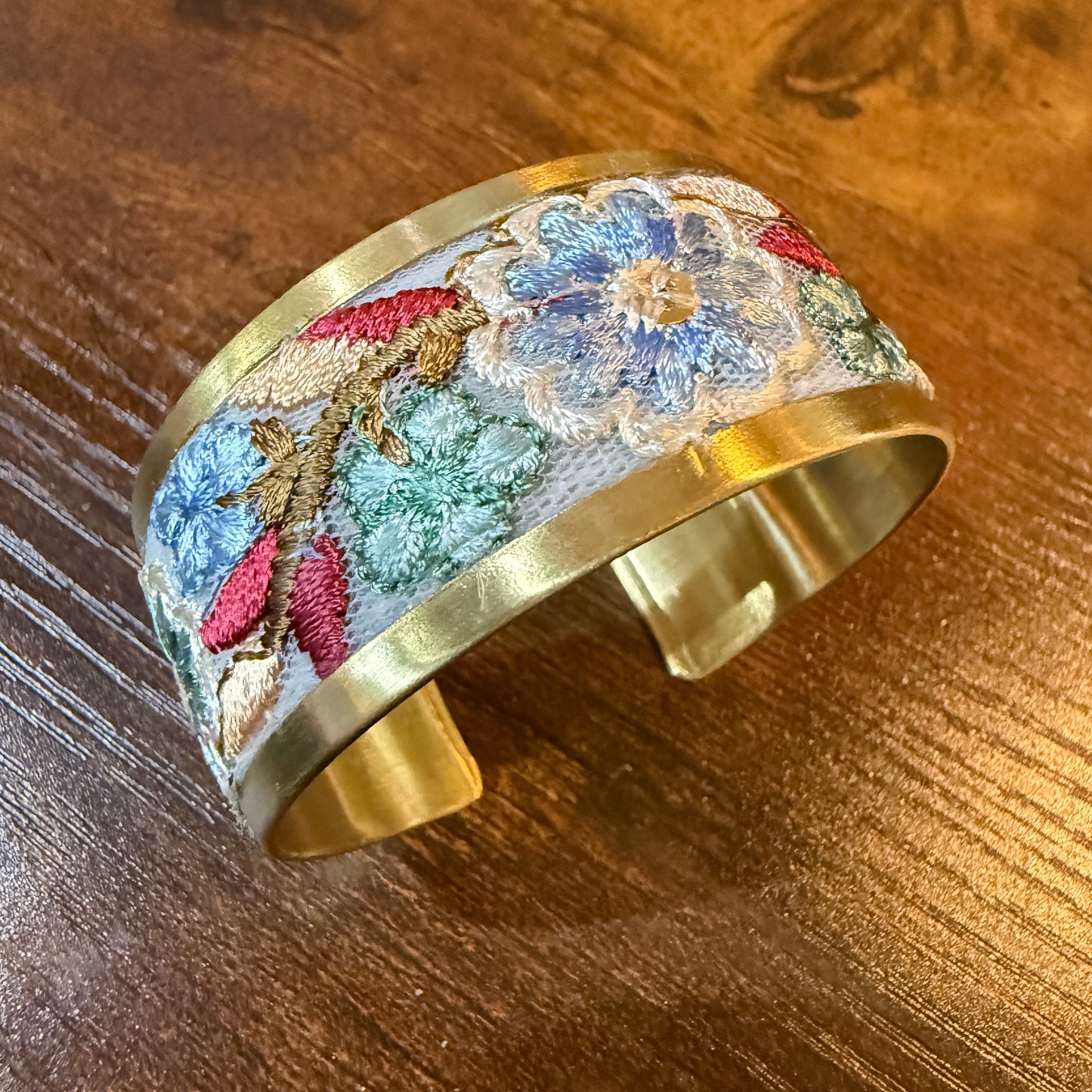 Pastel Blue And Mint Embroidered Fabric Cuff Bracelet Gold Edge Wild West Boho