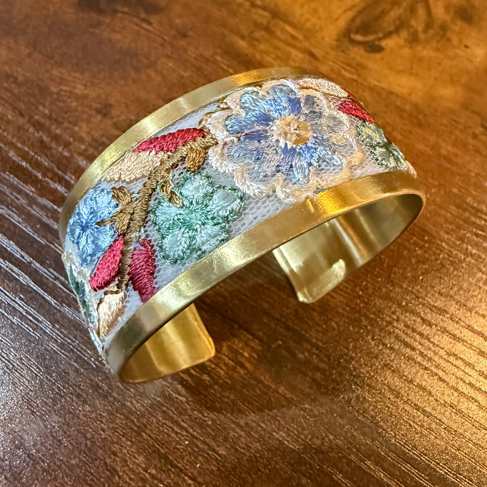 Pastel Blue And Mint Embroidered Fabric Cuff Bracelet Gold Edge Wild West Boho