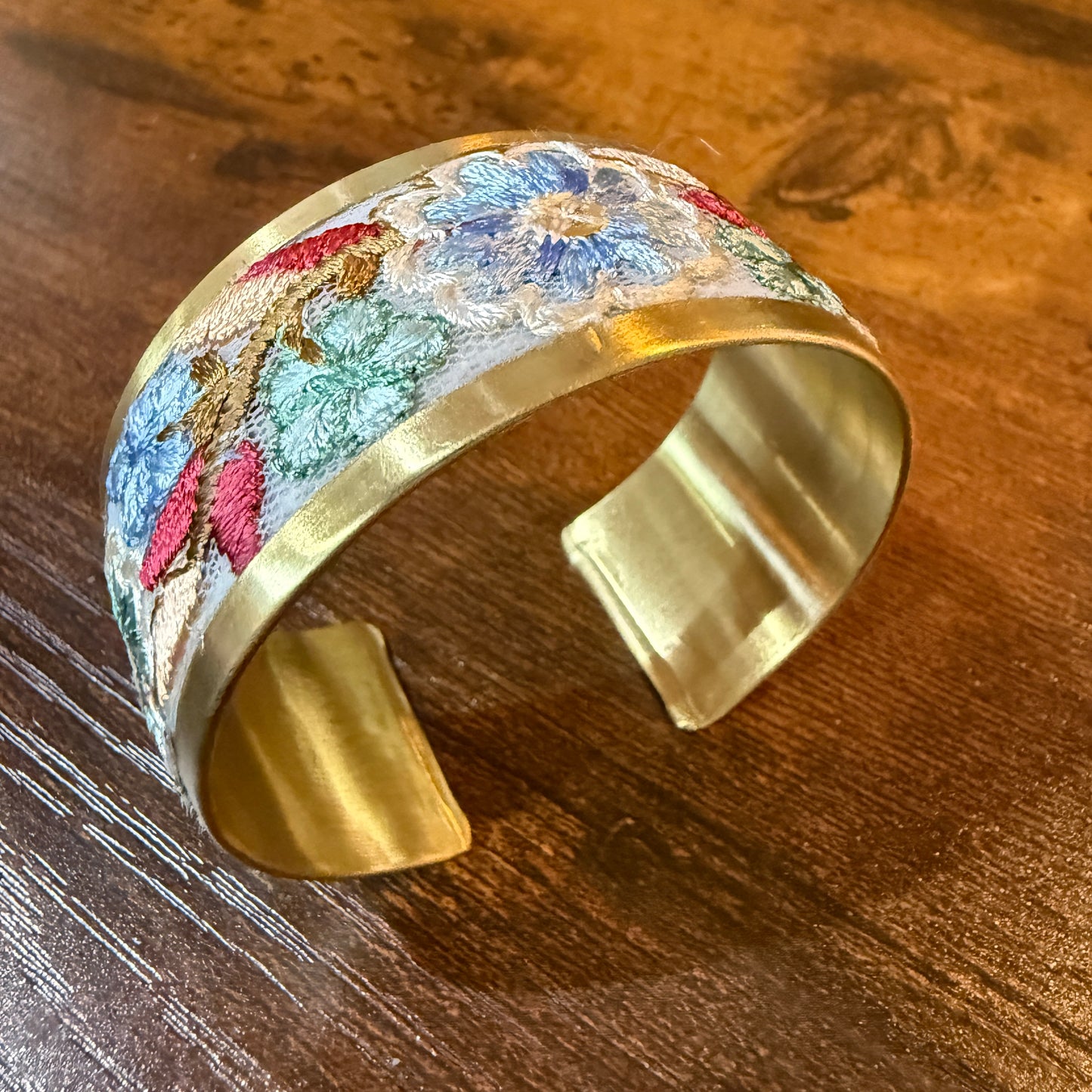 Pastel Blue And Mint Embroidered Fabric Cuff Bracelet Gold Edge Wild West Boho