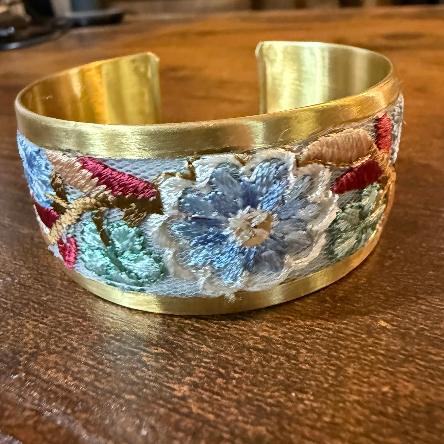 Pastel Blue And Mint Embroidered Fabric Cuff Bracelet Gold Edge Wild West Boho