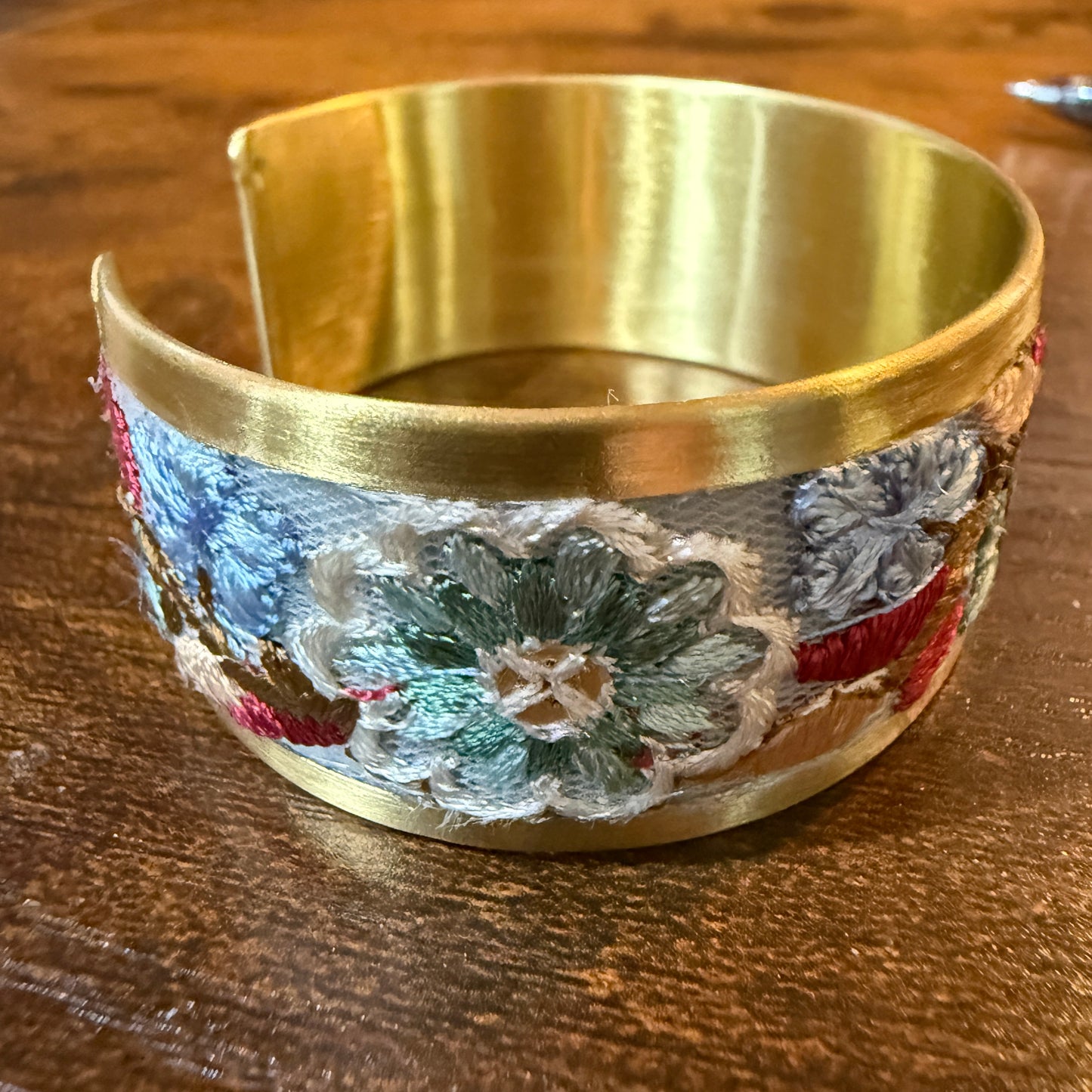 Pastel Blue And Mint Embroidered Fabric Cuff Bracelet Gold Edge Wild West Boho