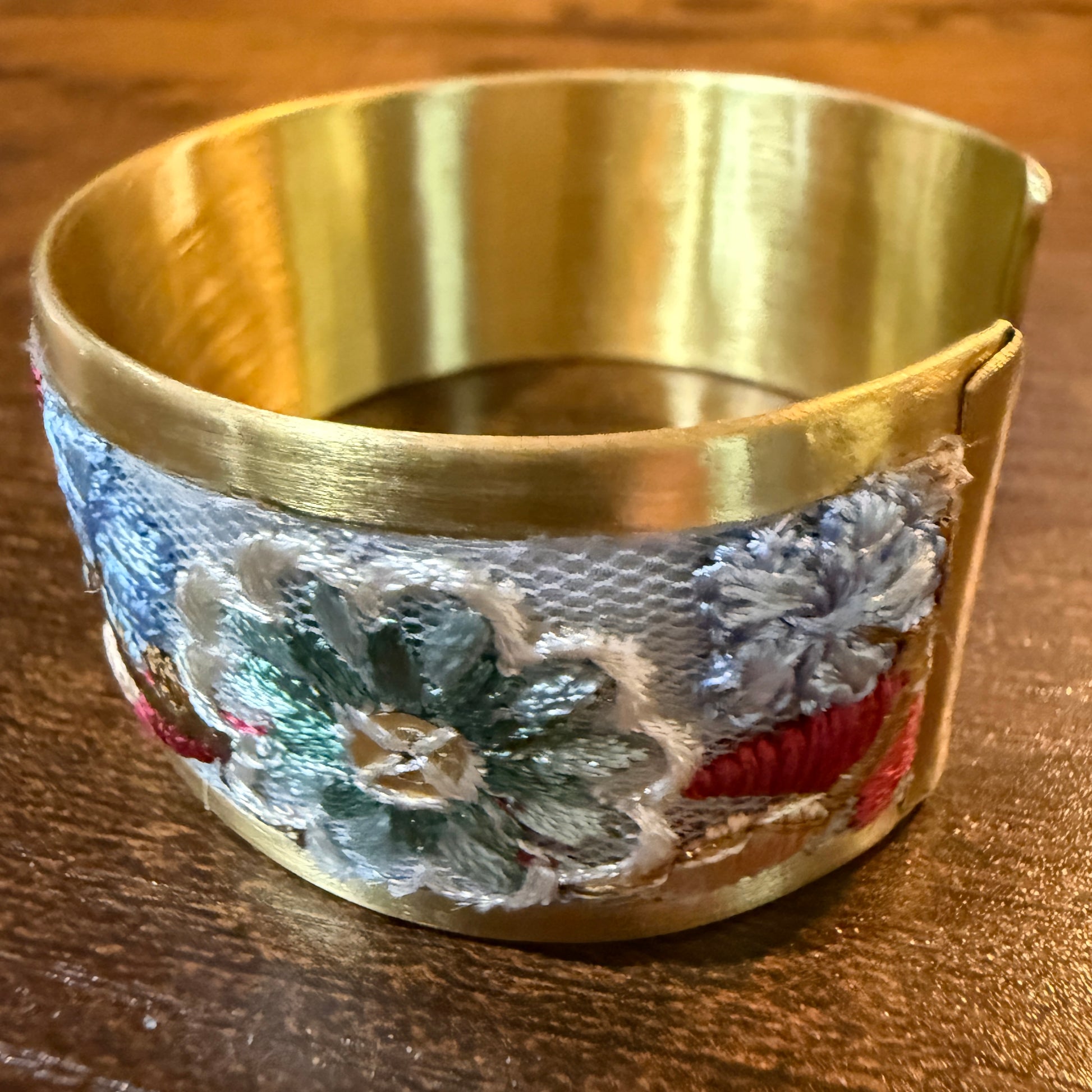 Pastel Blue And Mint Embroidered Fabric Cuff Bracelet Gold Edge Wild West Boho