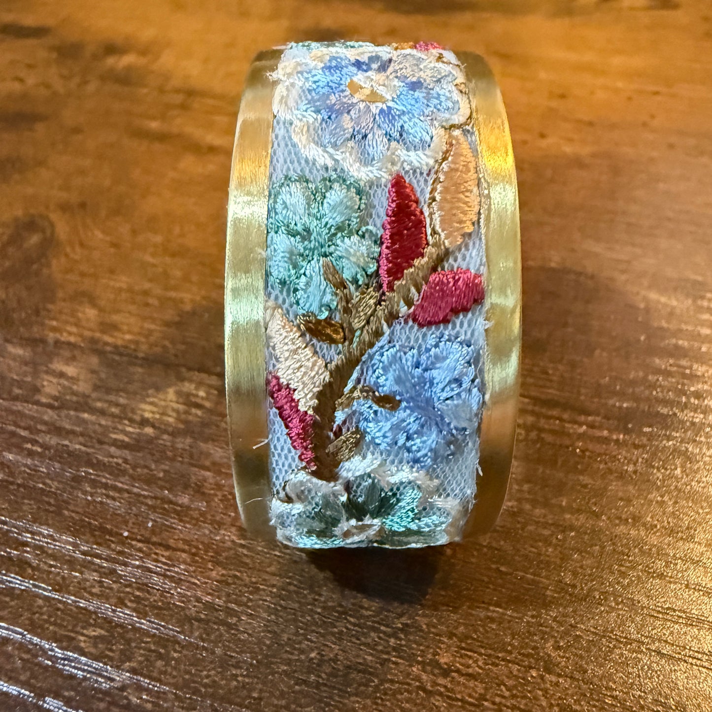 Pastel Blue And Mint Embroidered Fabric Cuff Bracelet Gold Edge Wild West Boho