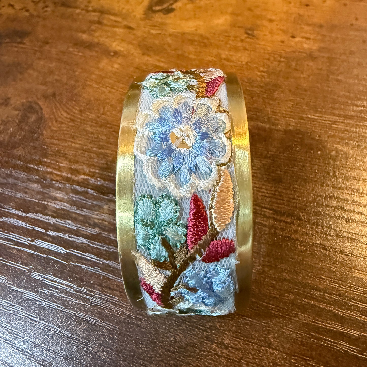 Pastel Blue And Mint Embroidered Fabric Cuff Bracelet Gold Edge Wild West Boho