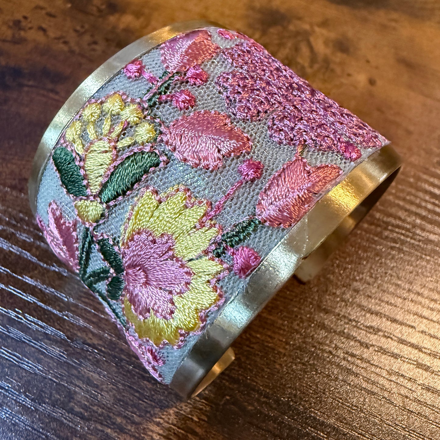 Spring Bloom Embroidered Gold Cuff Bracelet With Floral Flex Design Wild West Boho