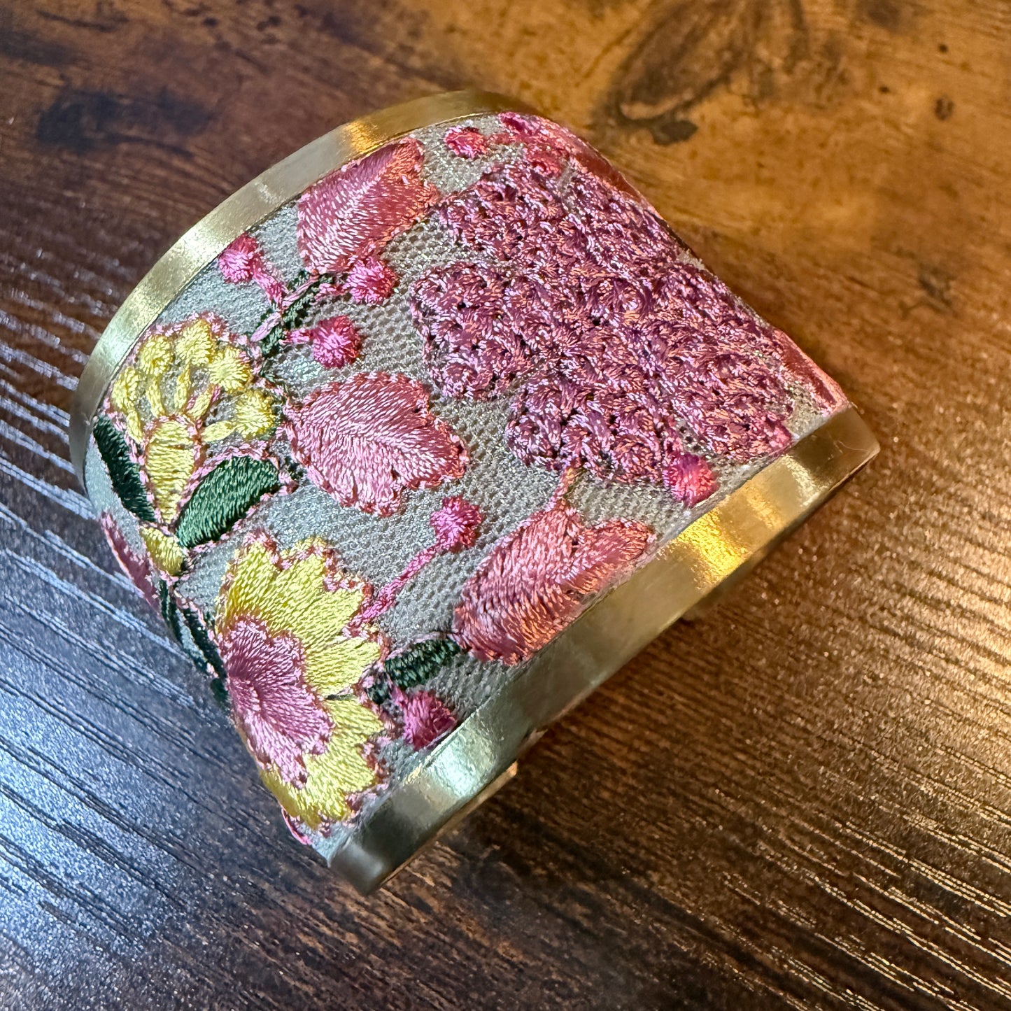 Spring Bloom Embroidered Gold Cuff Bracelet With Floral Flex Design Wild West Boho