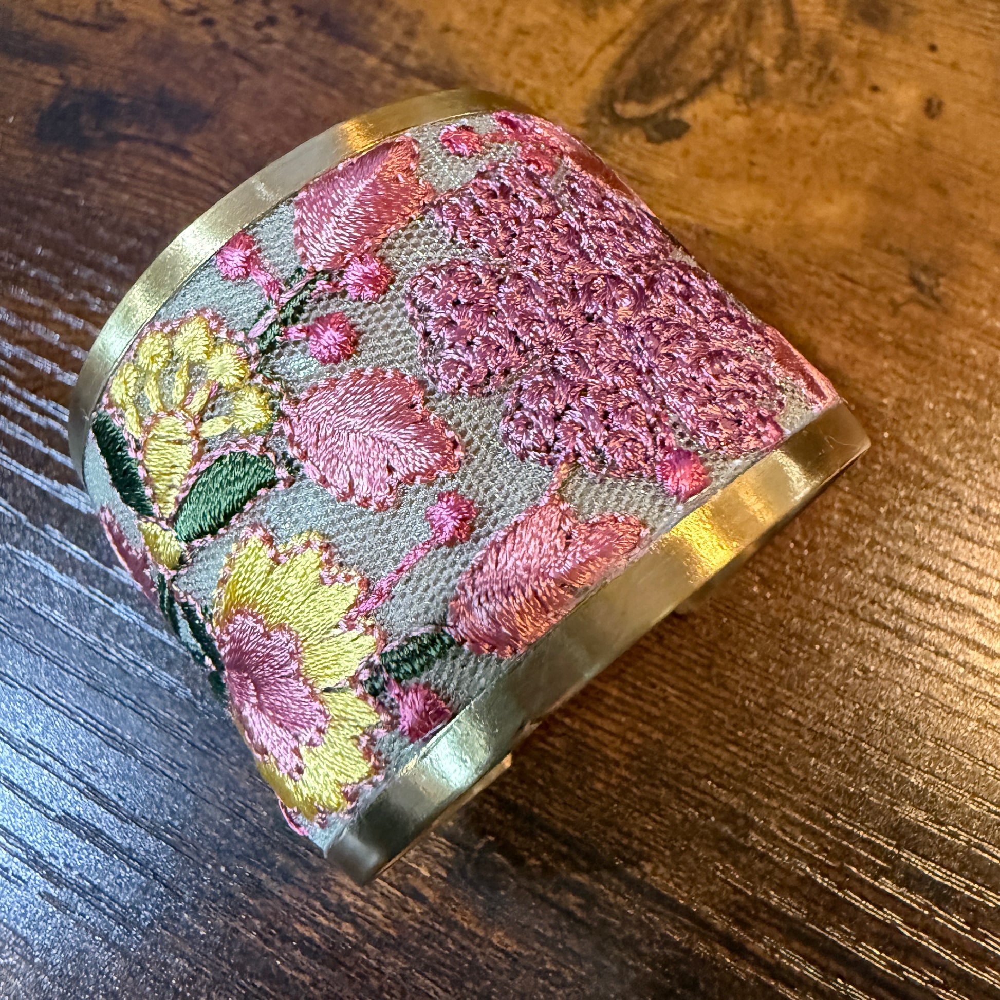 Spring Bloom Embroidered Gold Cuff Bracelet With Floral Flex Design Wild West Boho