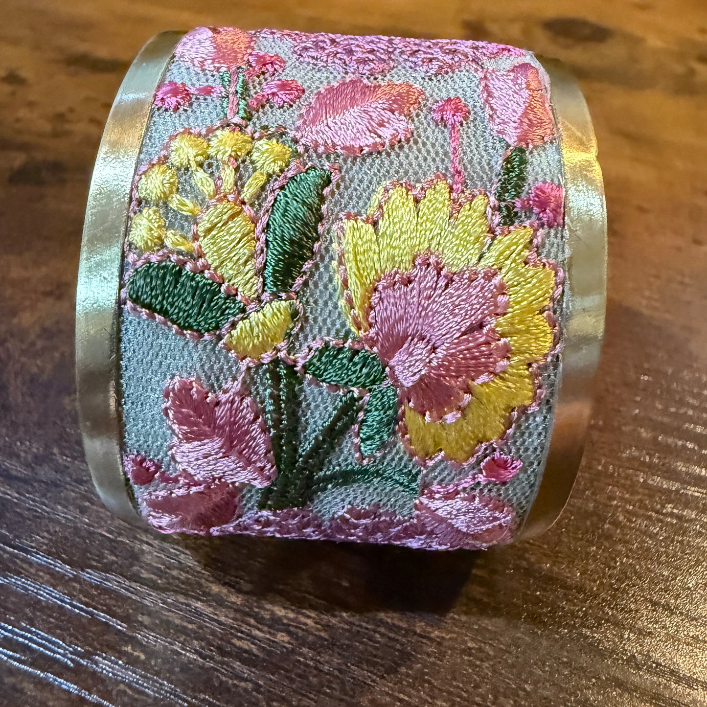 Spring Bloom Embroidered Gold Cuff Bracelet With Floral Flex Design Wild West Boho