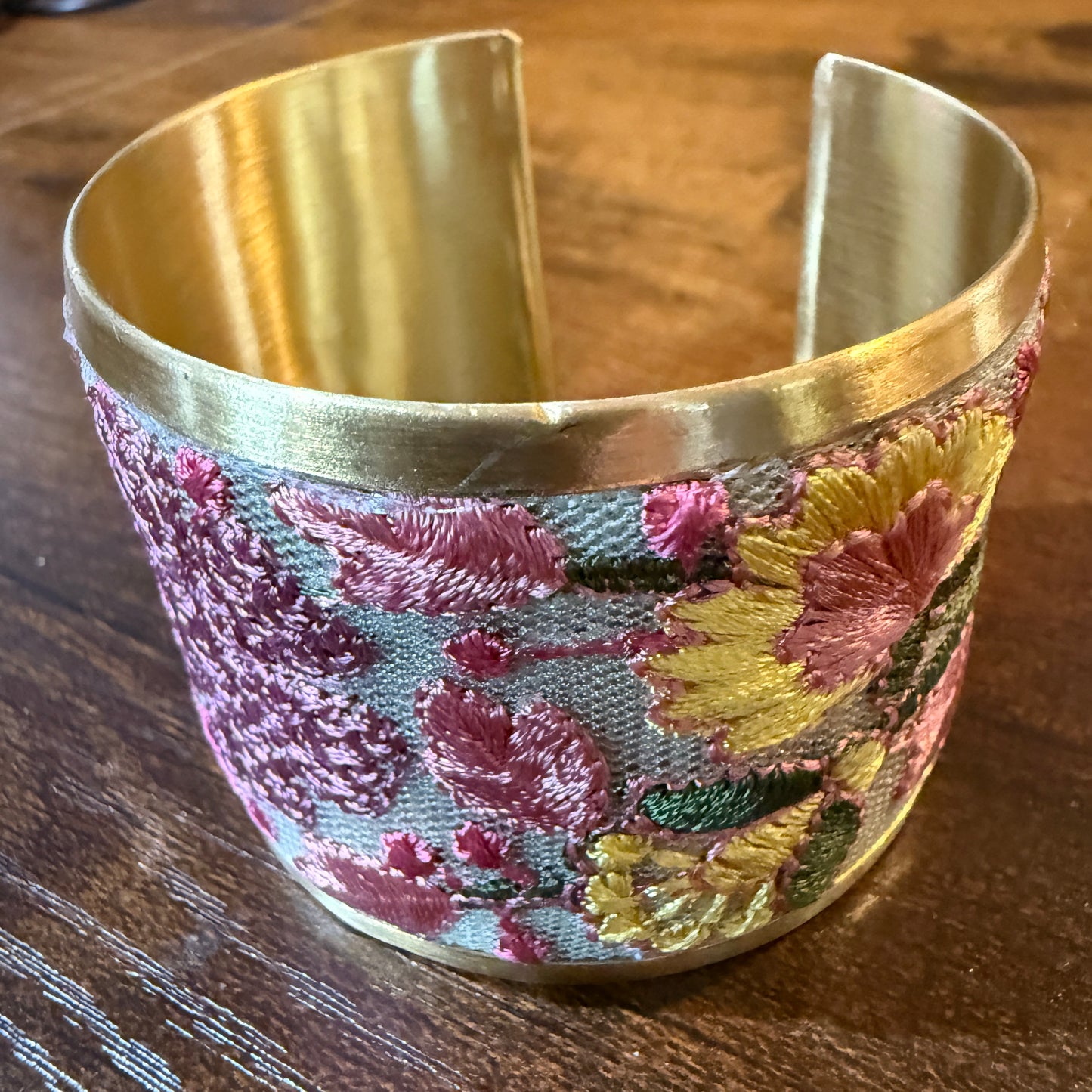 Spring Bloom Embroidered Gold Cuff Bracelet With Floral Flex Design Wild West Boho