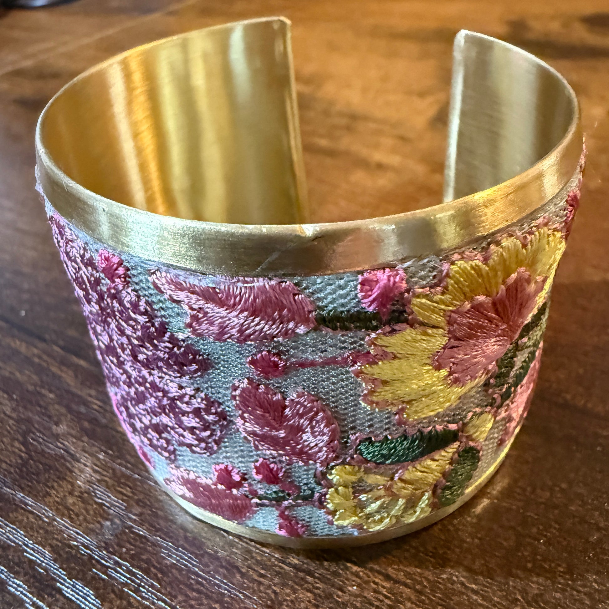 Spring Bloom Embroidered Gold Cuff Bracelet With Floral Flex Design Wild West Boho