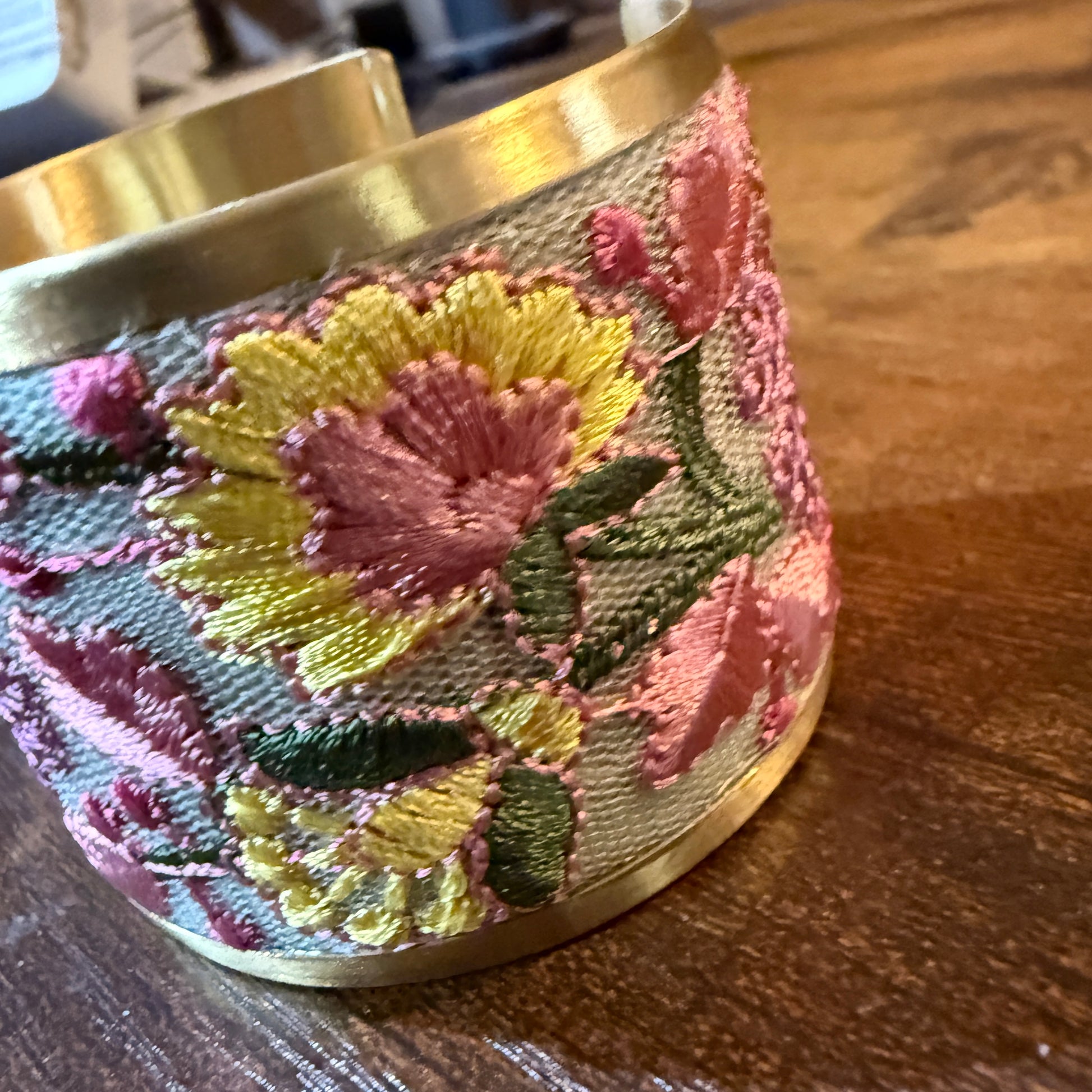 Spring Bloom Embroidered Gold Cuff Bracelet With Floral Flex Design Wild West Boho