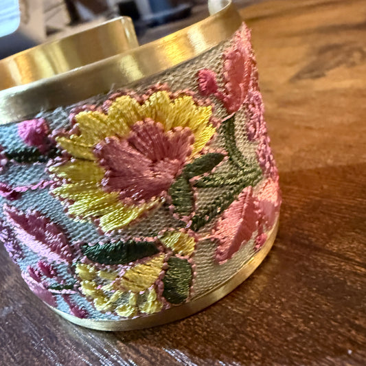 Spring Bloom Embroidered Gold Cuff Bracelet With Floral Flex Design Wild West Boho