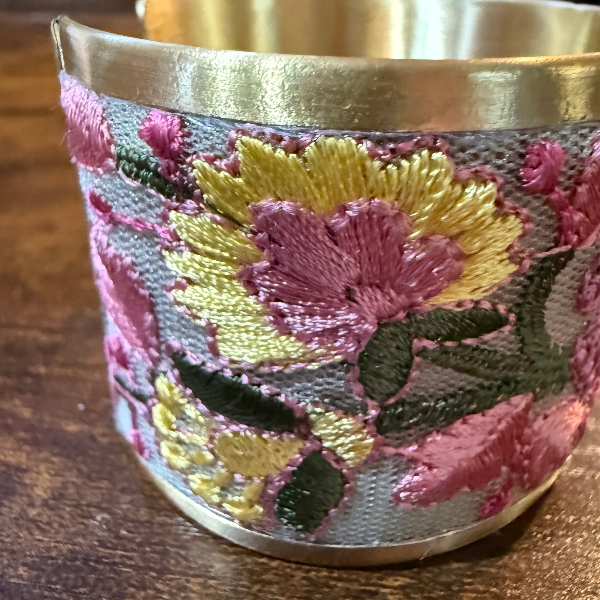 Spring Bloom Embroidered Gold Cuff Bracelet With Floral Flex Design Wild West Boho