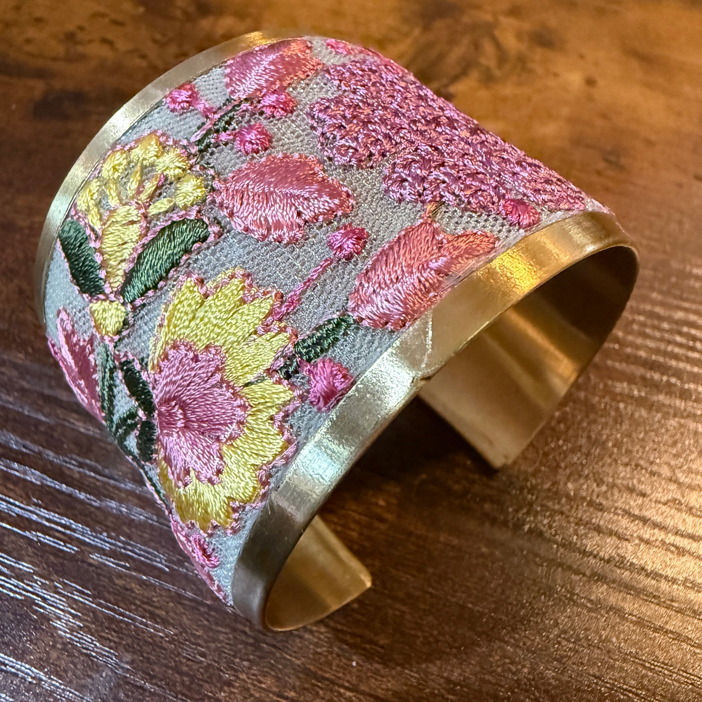 Spring Bloom Embroidered Gold Cuff Bracelet With Floral Flex Design Wild West Boho