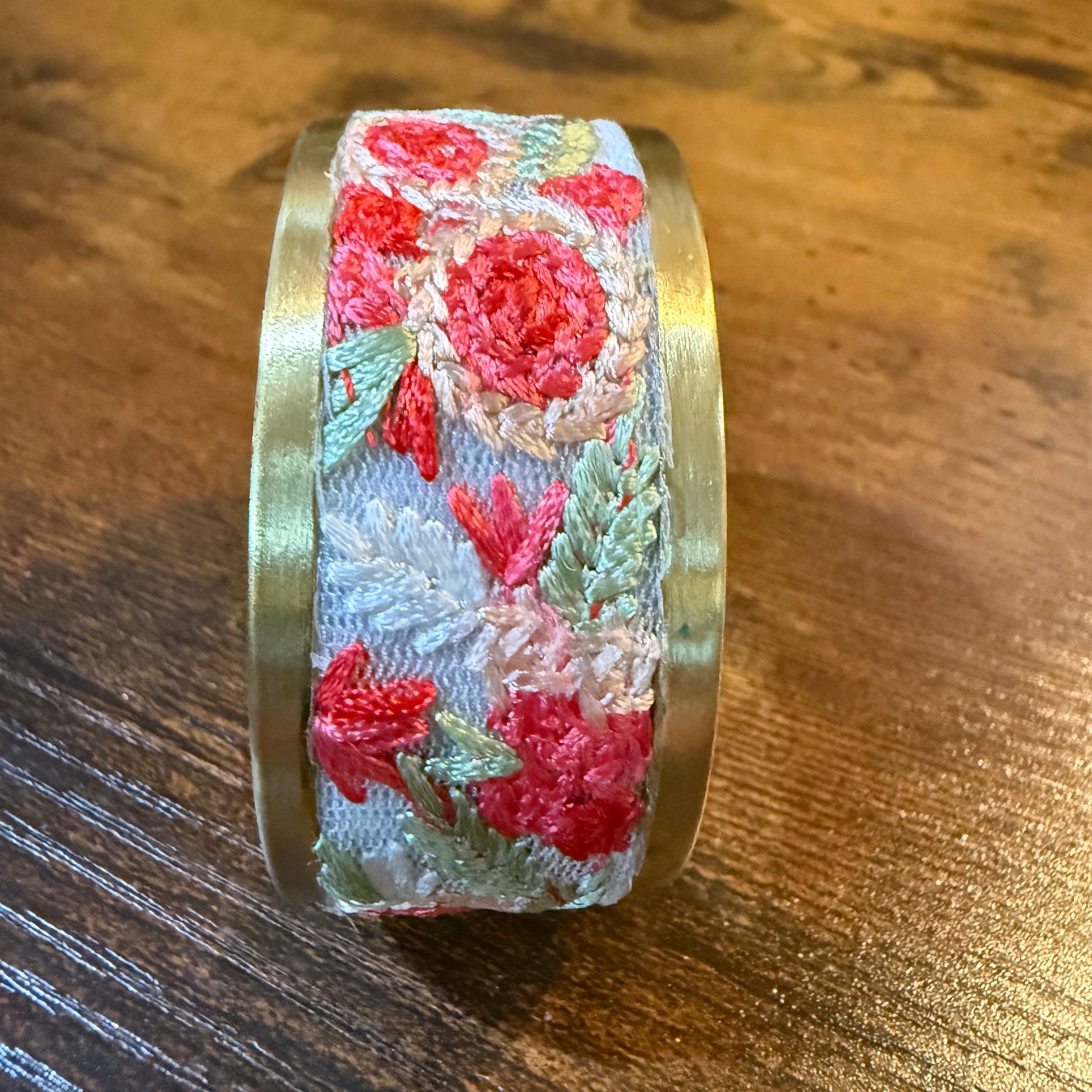Cottage Craft Floral Embroidered Gold Cuff Bracelet Handmade In India Wild West Boho