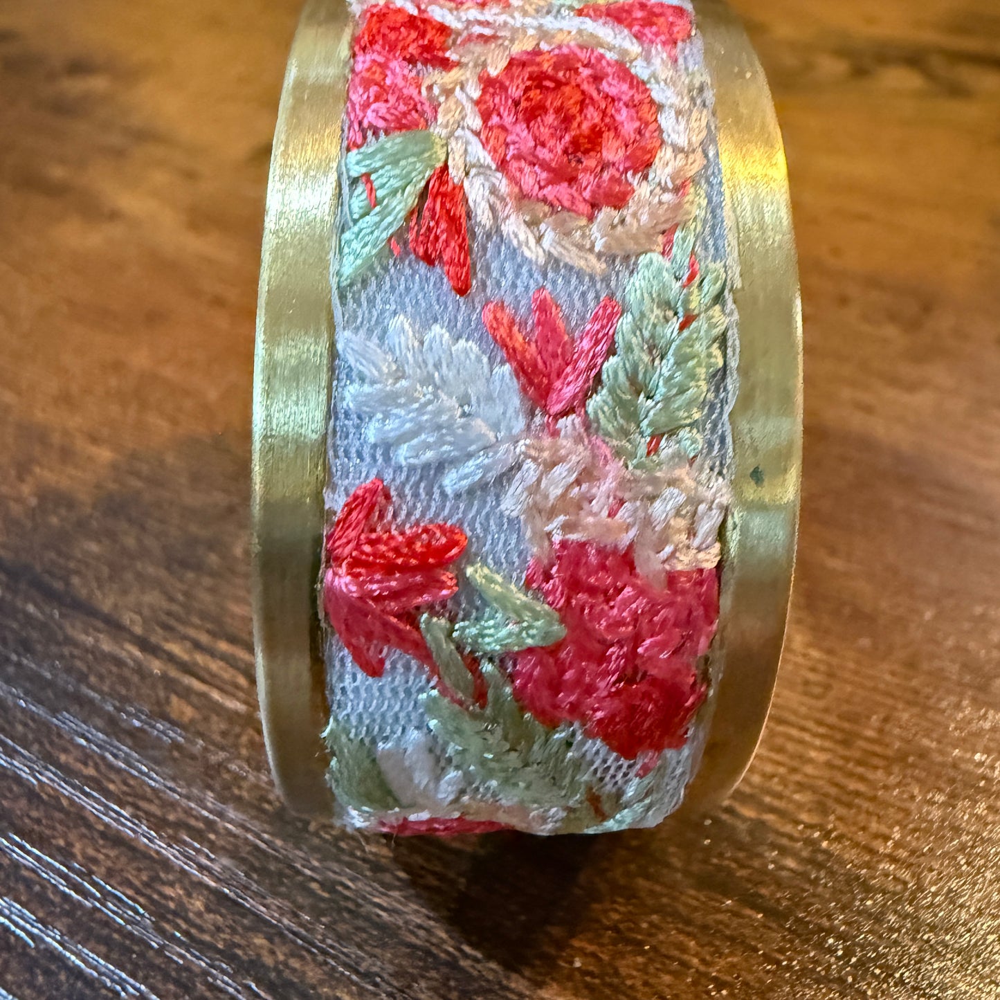 Cottage Craft Floral Embroidered Gold Cuff Bracelet Handmade In India Wild West Boho