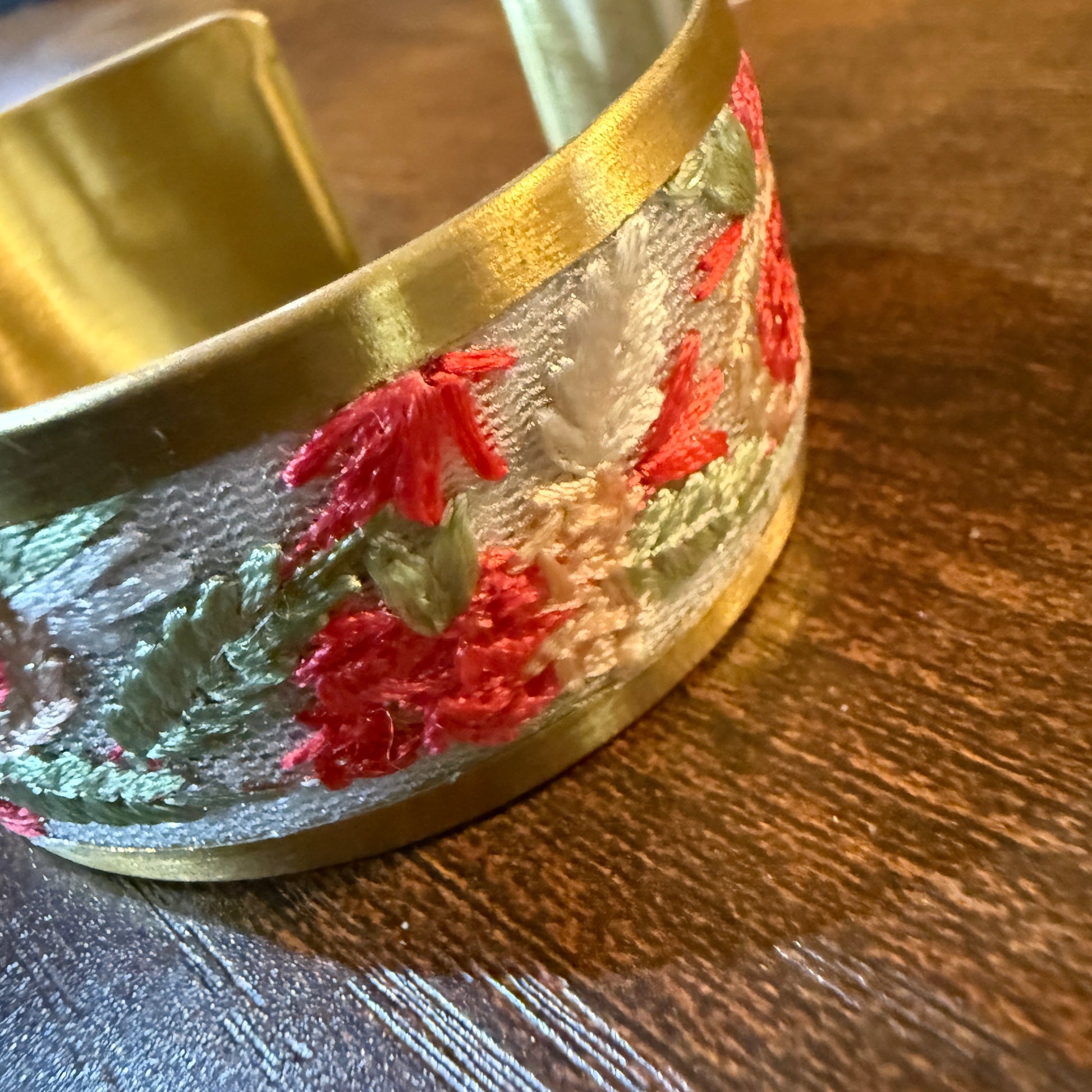 Cottage Craft Floral Embroidered Gold Cuff Bracelet Handmade In India Wild West Boho