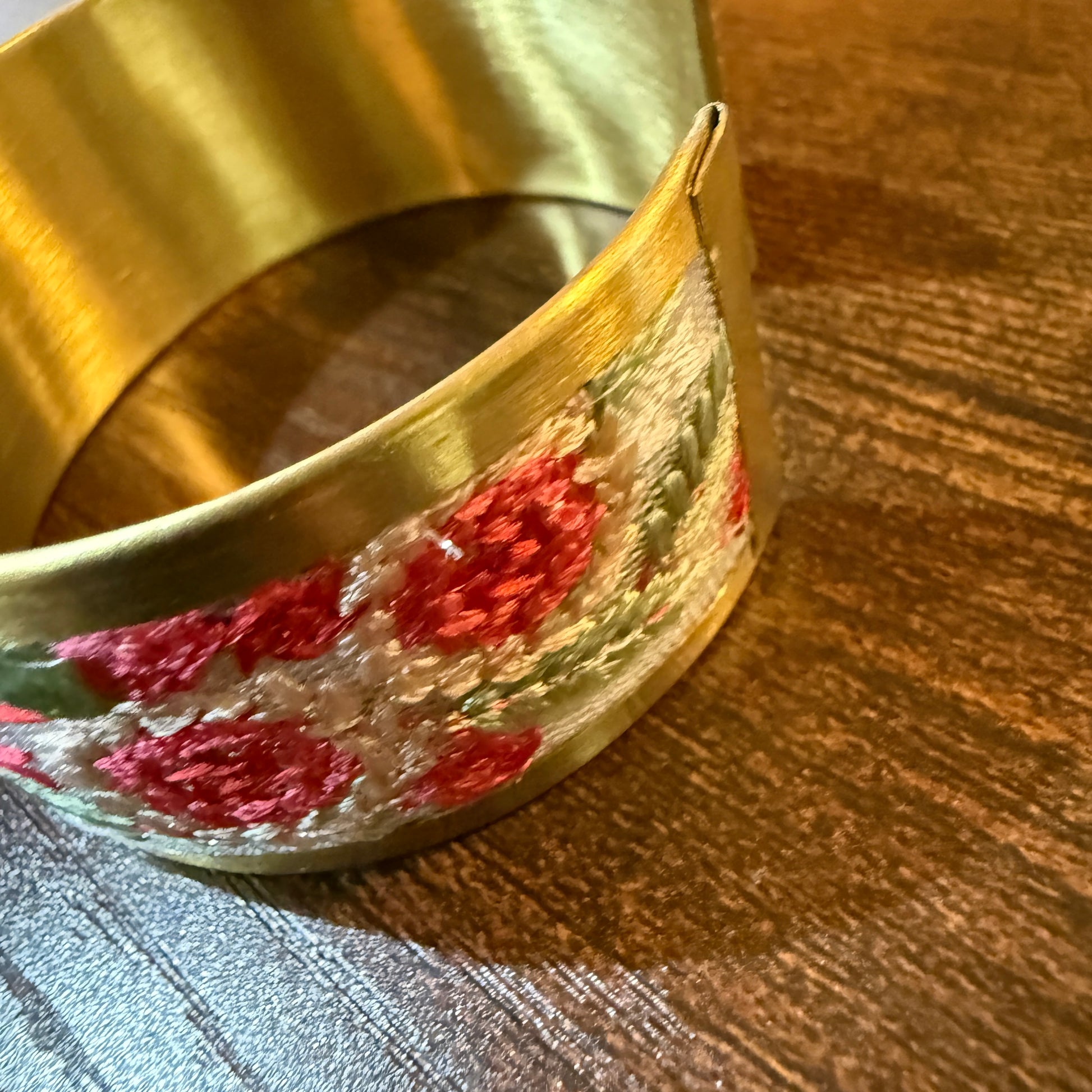 Cottage Craft Floral Embroidered Gold Cuff Bracelet Handmade In India Wild West Boho