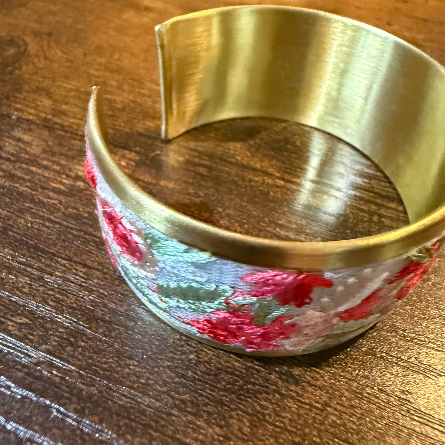 Cottage Craft Floral Embroidered Gold Cuff Bracelet Handmade In India Wild West Boho