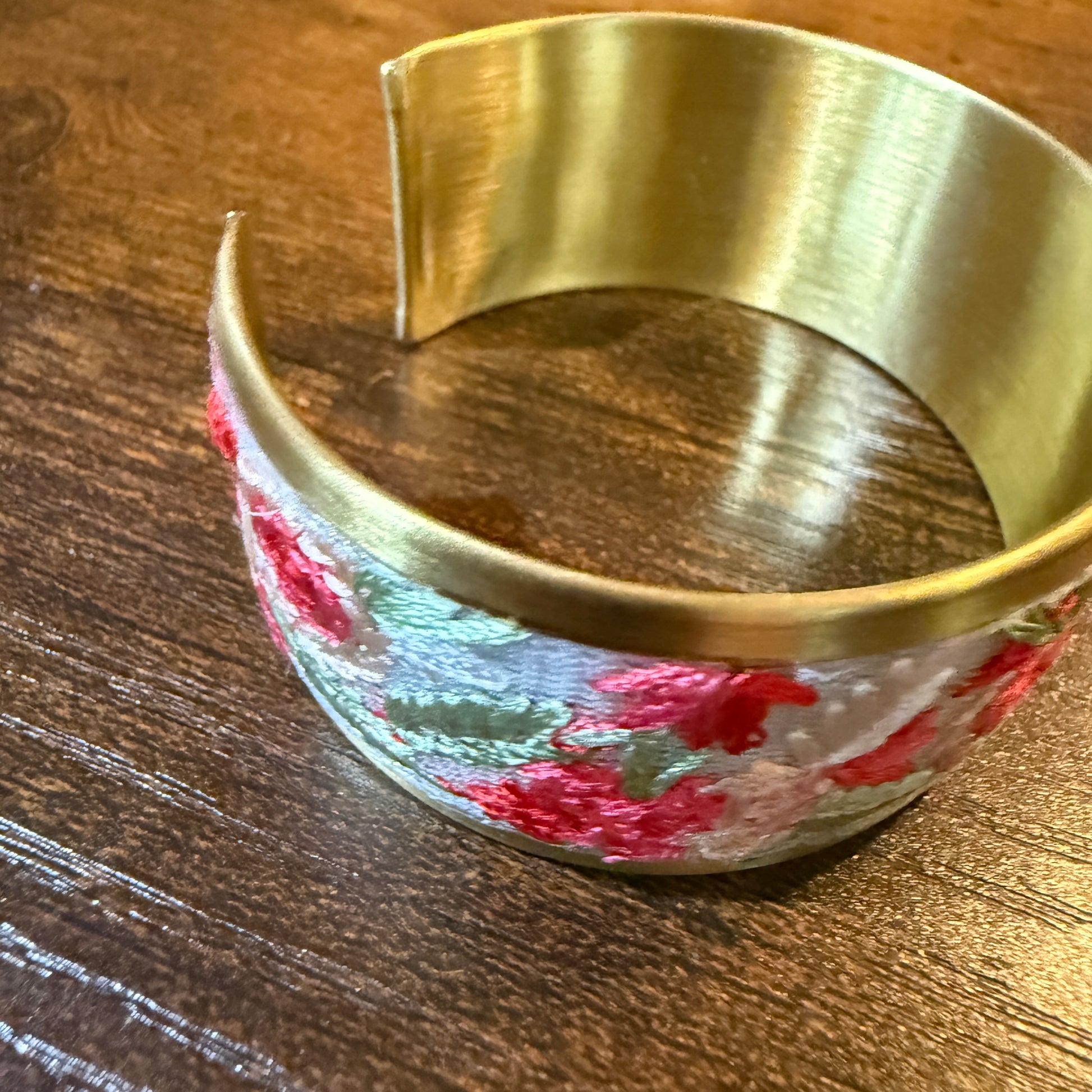 Cottage Craft Floral Embroidered Gold Cuff Bracelet Handmade In India Wild West Boho